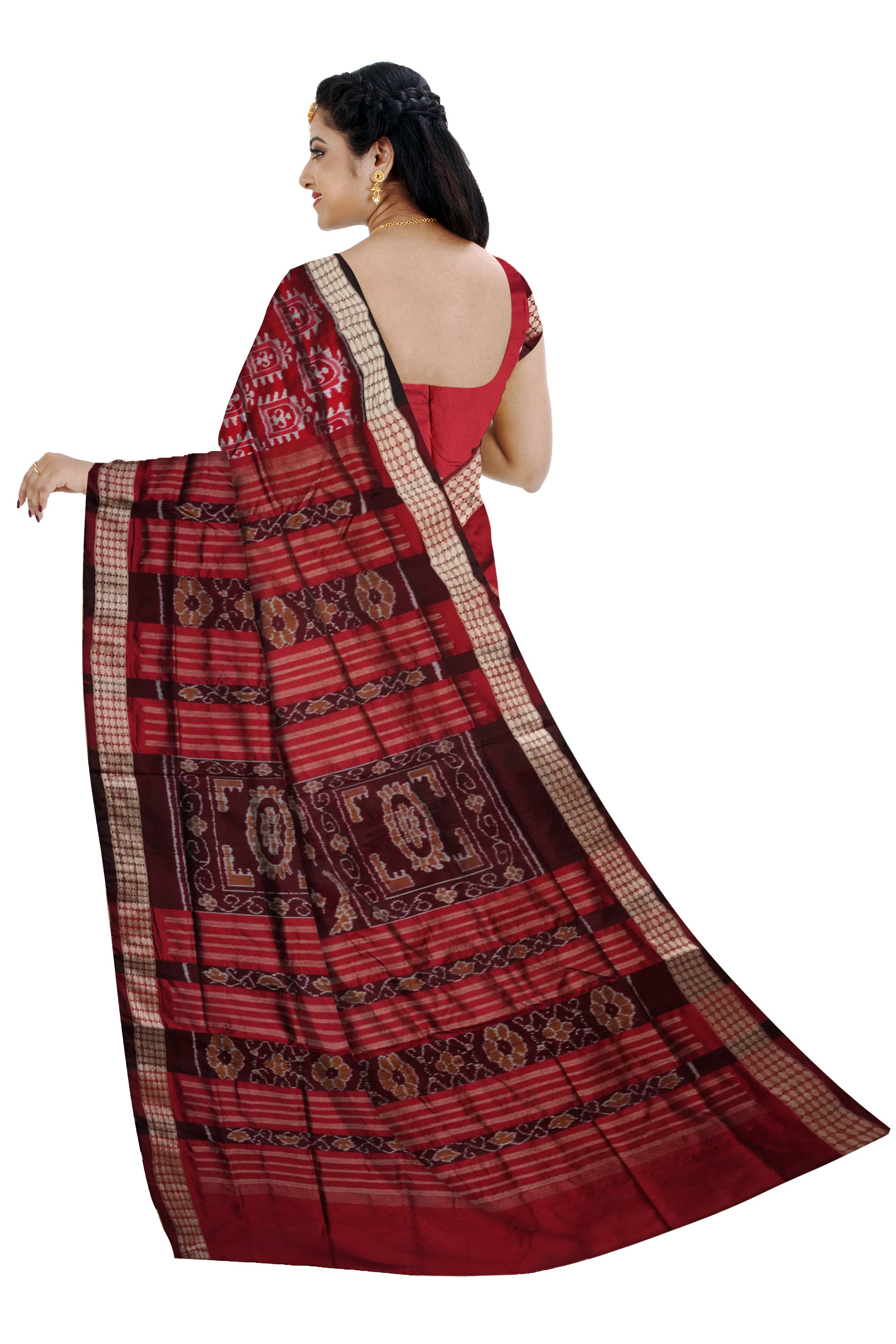 Maroon color terracotta pattern patli design Sambalpuri pata saree. - Koshali Arts & Crafts Enterprise