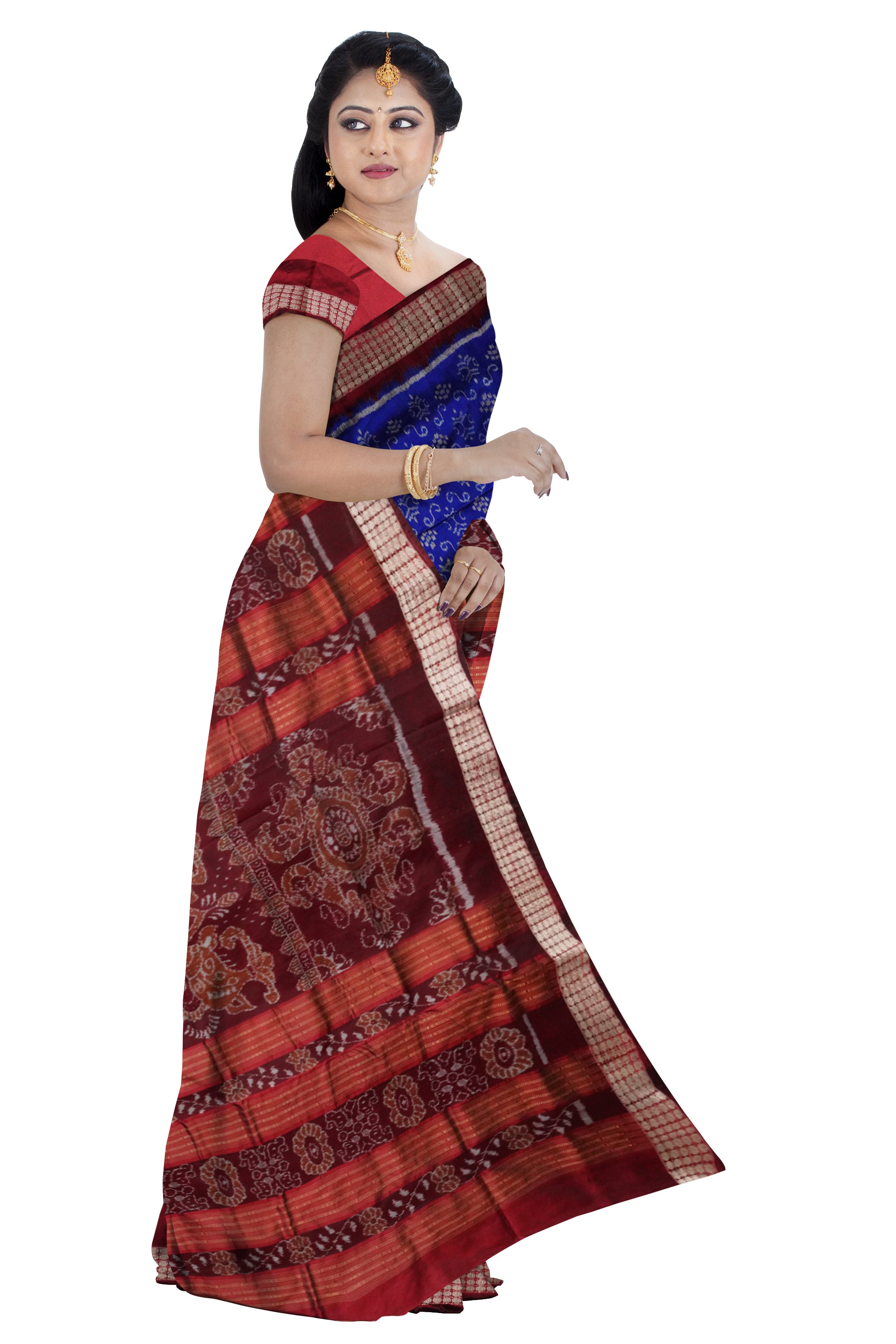 Small pasapali with terracotta pattern patli design pata saree in blue and maroon color. - Koshali Arts & Crafts Enterprise