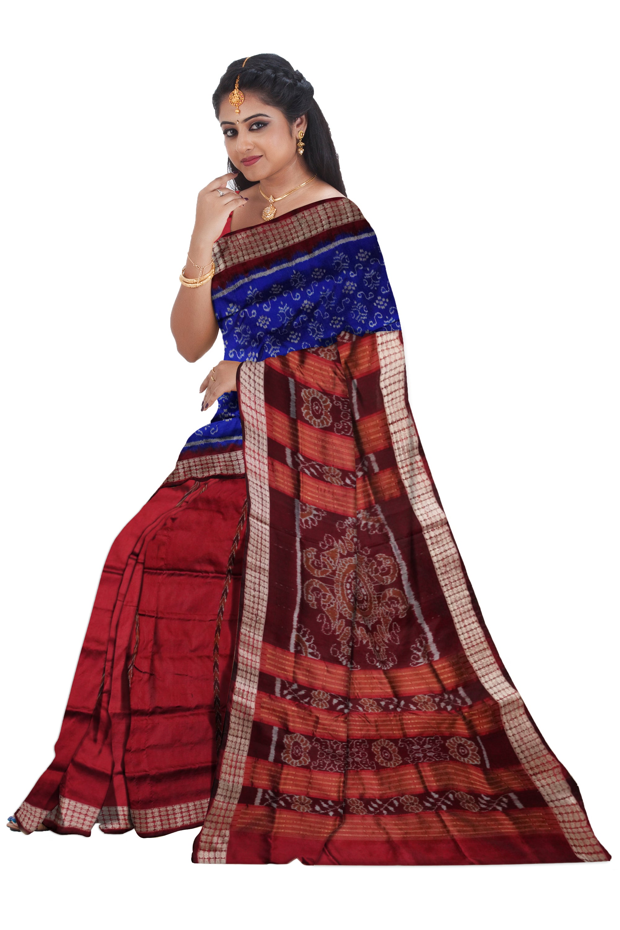 Small pasapali with terracotta pattern patli design pata saree in blue and maroon color. - Koshali Arts & Crafts Enterprise