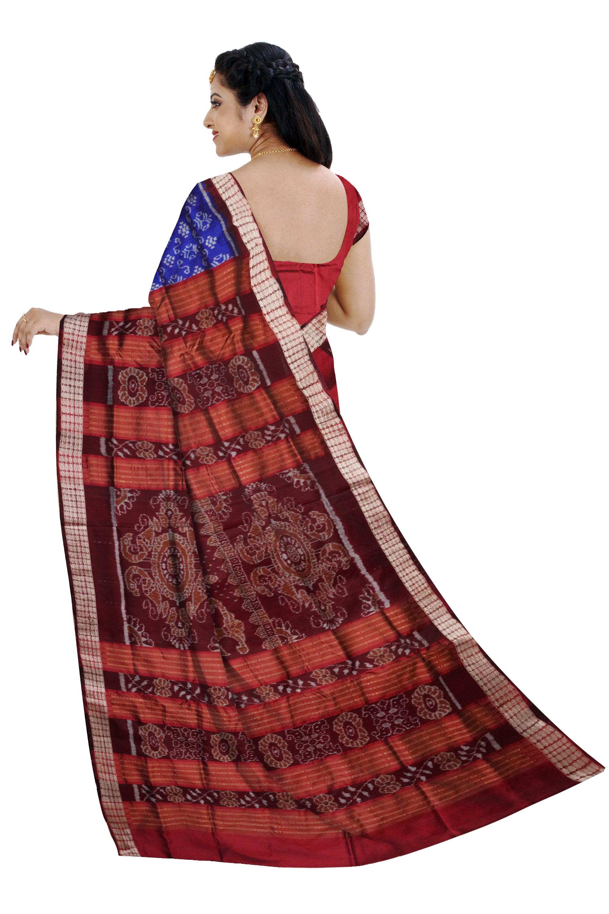 Small pasapali with terracotta pattern patli design pata saree in blue and maroon color. - Koshali Arts & Crafts Enterprise