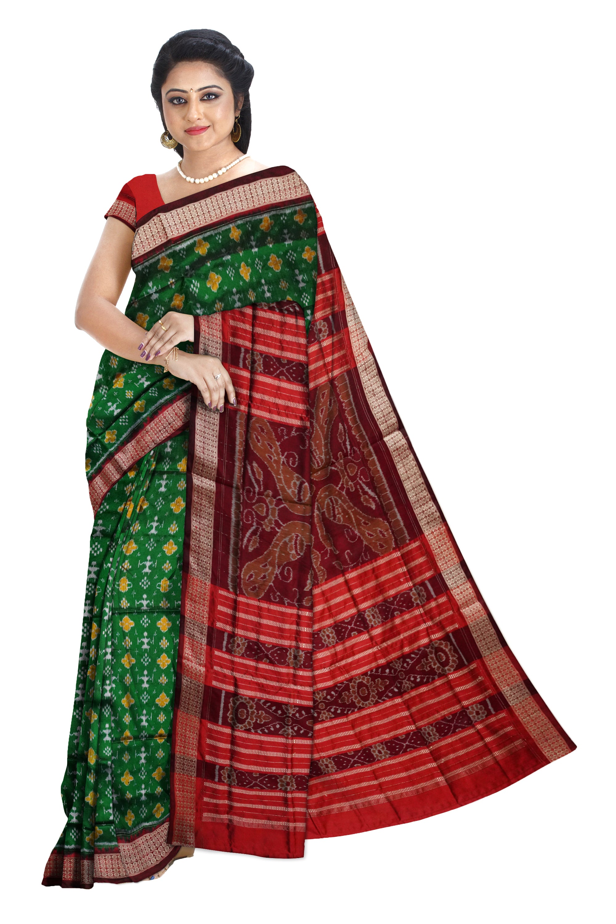 Terracotta with pasapali pattern Sambalpuri pata saree in Green and Maroon color. - Koshali Arts & Crafts Enterprise