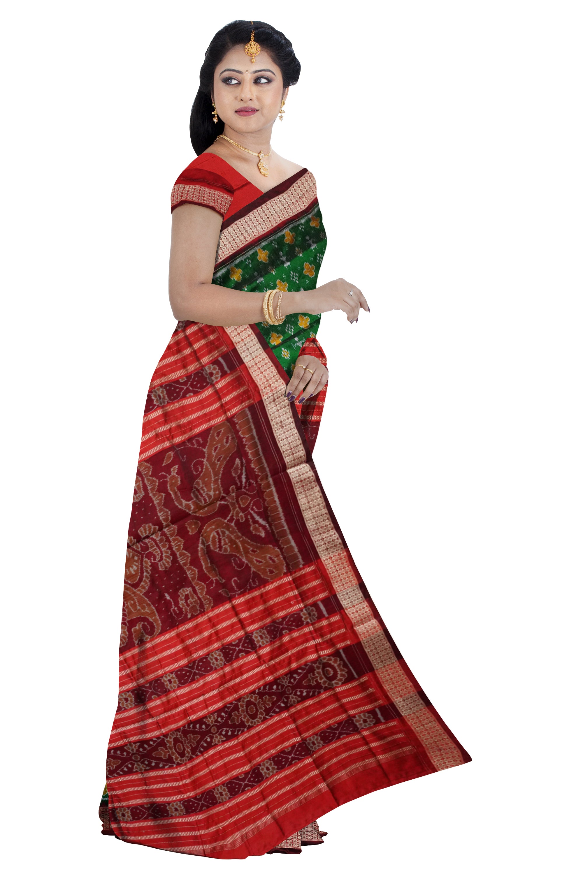 Terracotta with pasapali pattern Sambalpuri pata saree in Green and Maroon color. - Koshali Arts & Crafts Enterprise