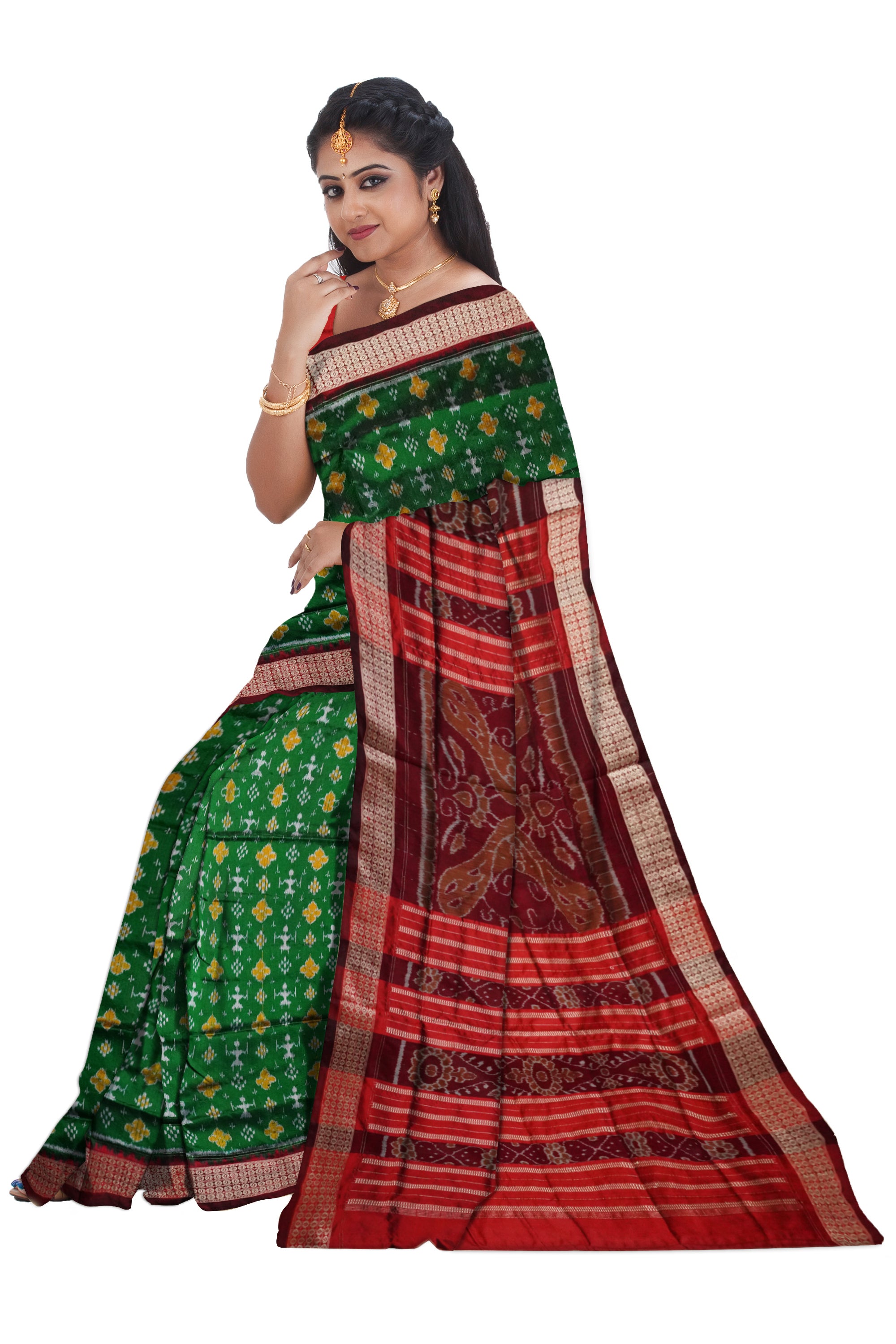 Terracotta with pasapali pattern Sambalpuri pata saree in Green and Maroon color. - Koshali Arts & Crafts Enterprise