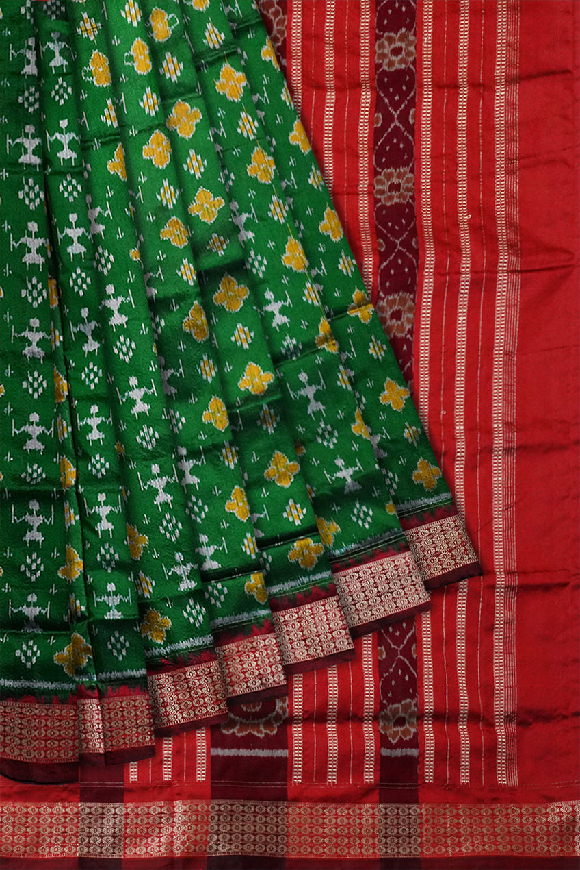 Terracotta with pasapali pattern Sambalpuri pata saree in Green and Maroon color. - Koshali Arts & Crafts Enterprise