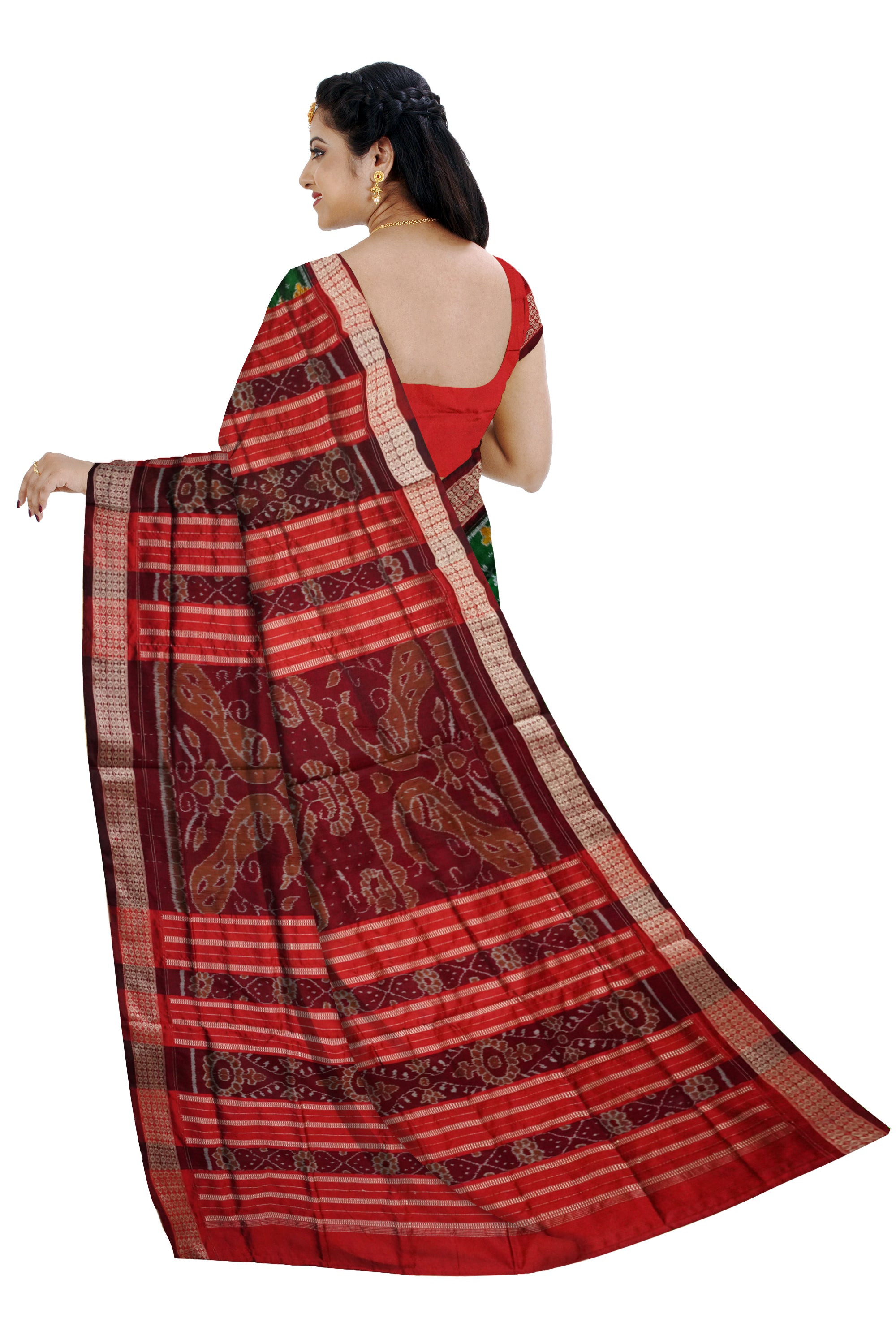 Terracotta with pasapali pattern Sambalpuri pata saree in Green and Maroon color. - Koshali Arts & Crafts Enterprise