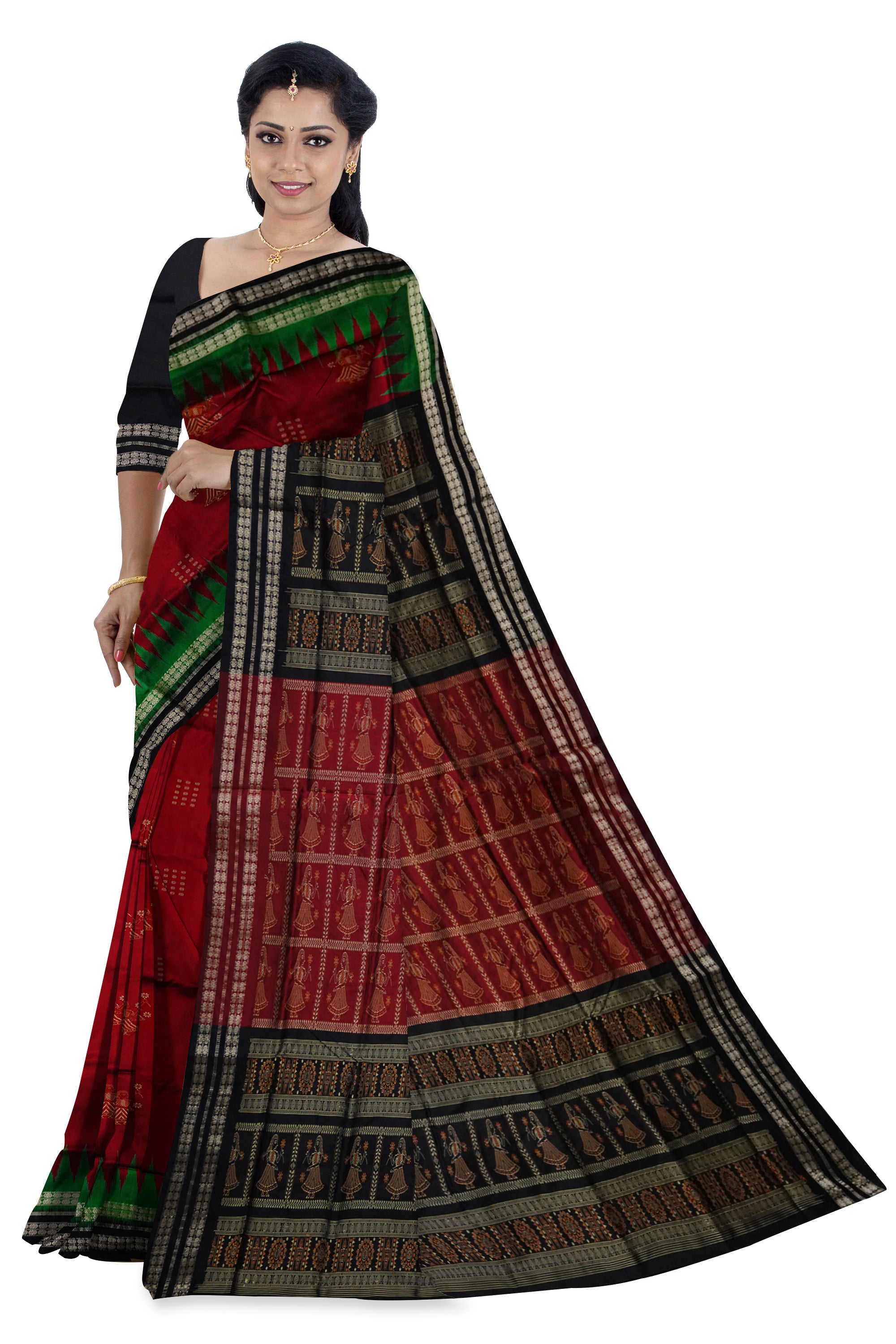 Maroon and Black color whole body with pallu doll pattern Sambalpuri pata saree. - Koshali Arts & Crafts Enterprise