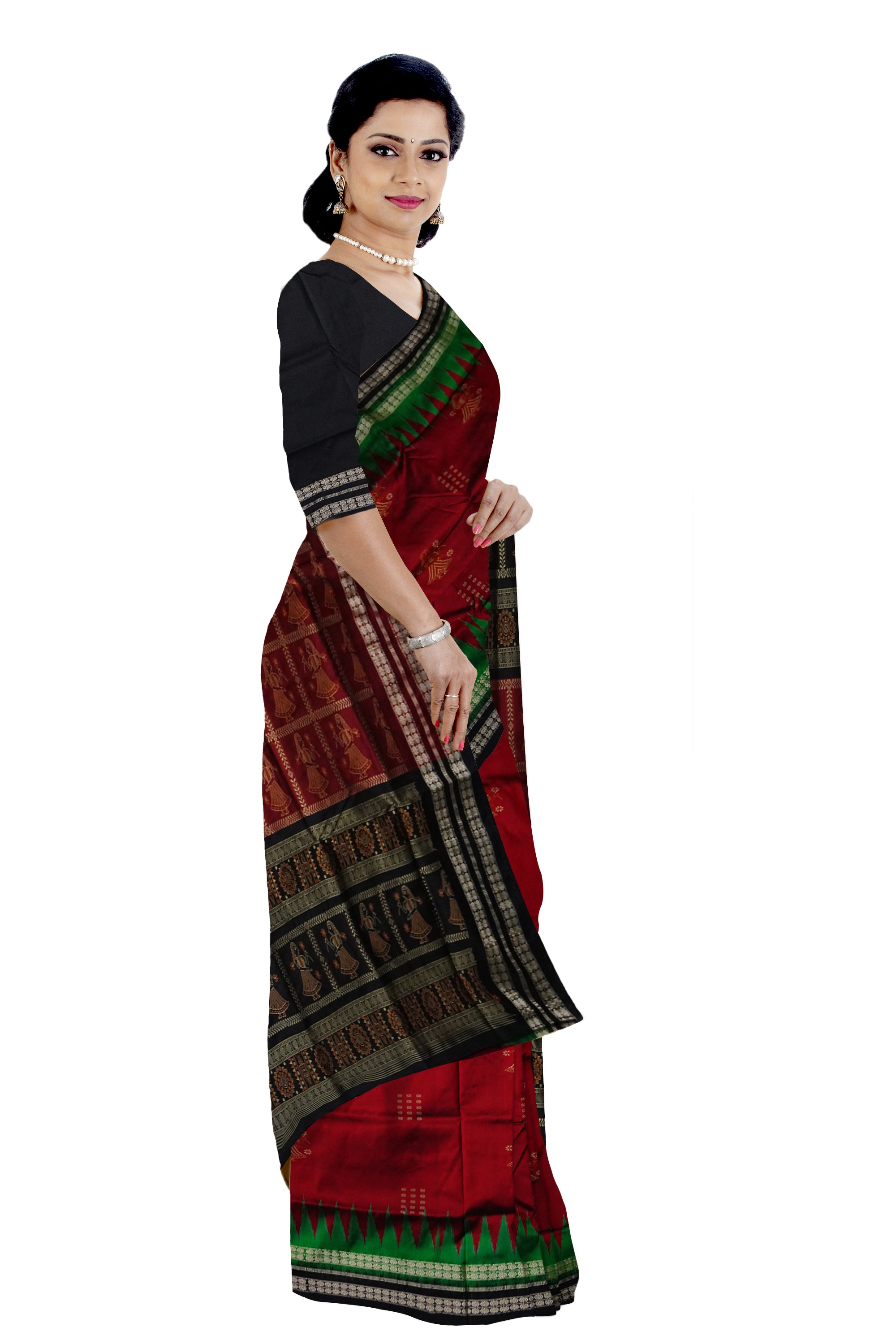 Maroon and Black color whole body with pallu doll pattern Sambalpuri pata saree. - Koshali Arts & Crafts Enterprise