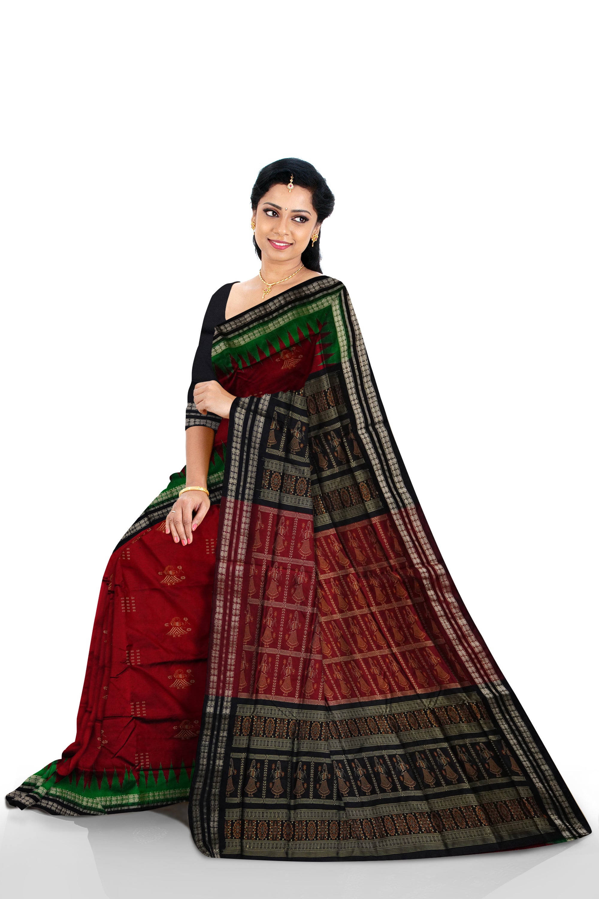 Maroon and Black color whole body with pallu doll pattern Sambalpuri pata saree. - Koshali Arts & Crafts Enterprise