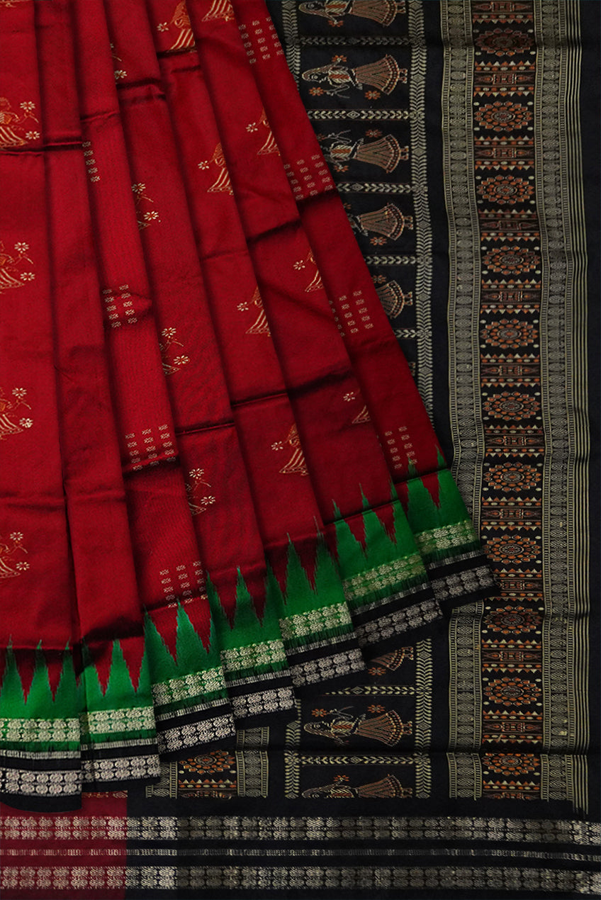 Maroon and Black color whole body with pallu doll pattern Sambalpuri pata saree. - Koshali Arts & Crafts Enterprise