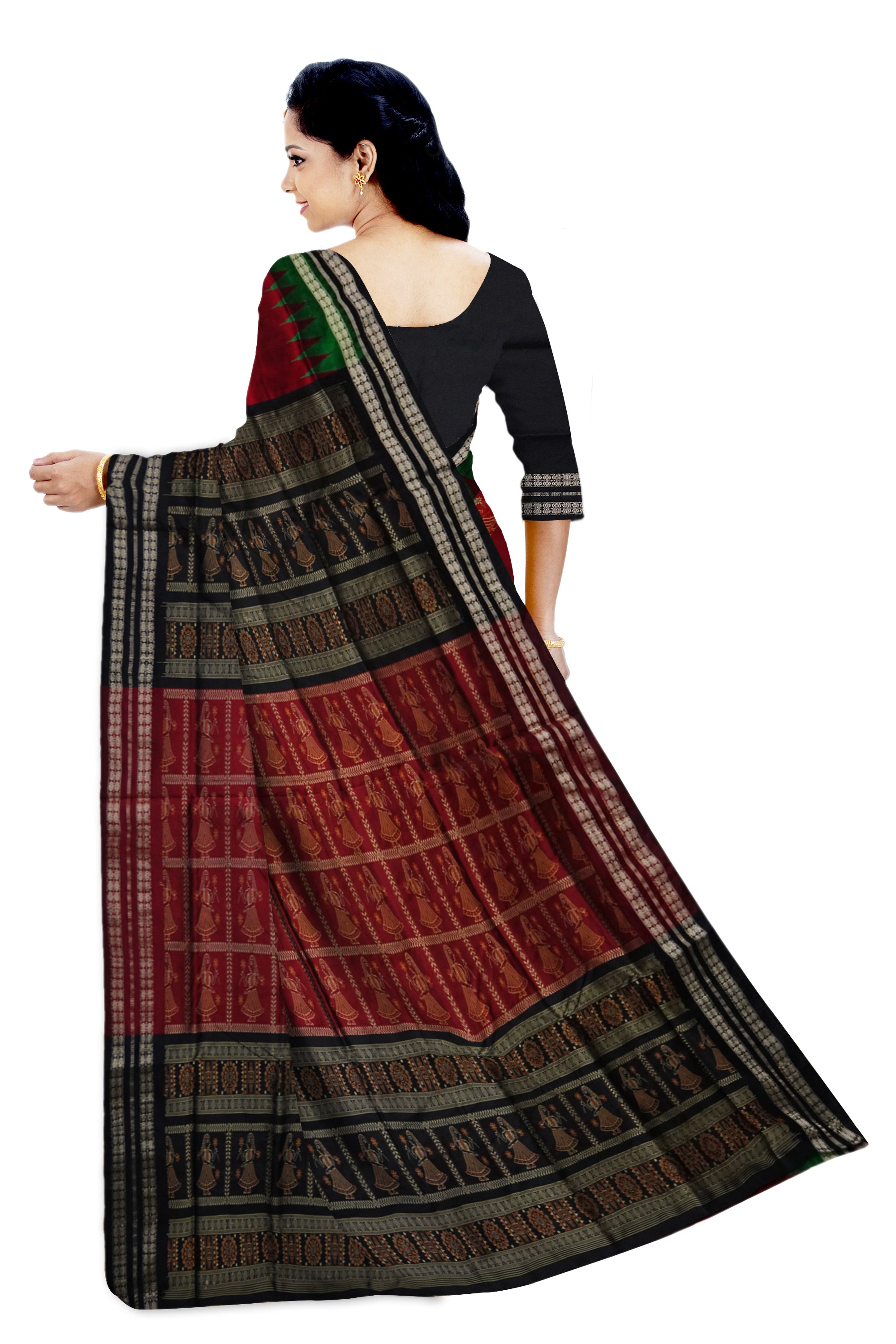 Maroon and Black color whole body with pallu doll pattern Sambalpuri pata saree. - Koshali Arts & Crafts Enterprise