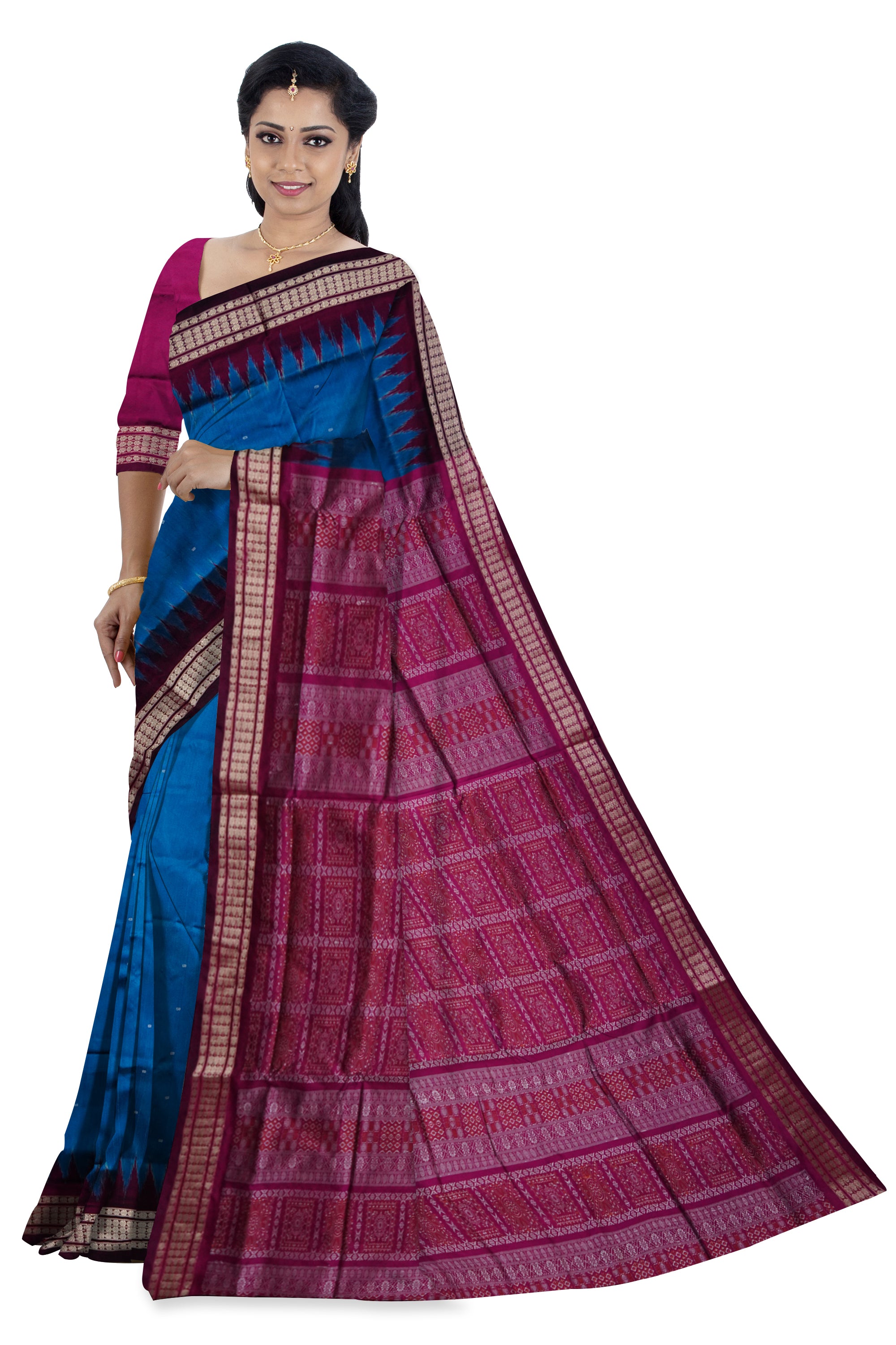 Small booty pattern body with pallu bomkei pattern Sambalpuri plain pata saree in Blue and pink color. - Koshali Arts & Crafts Enterprise