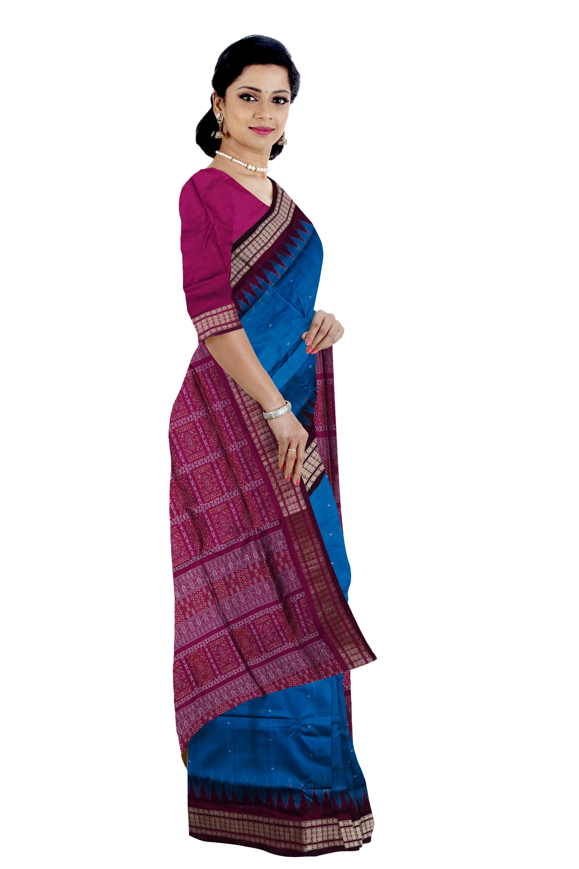 Small booty pattern body with pallu bomkei pattern Sambalpuri plain pata saree in Blue and pink color. - Koshali Arts & Crafts Enterprise