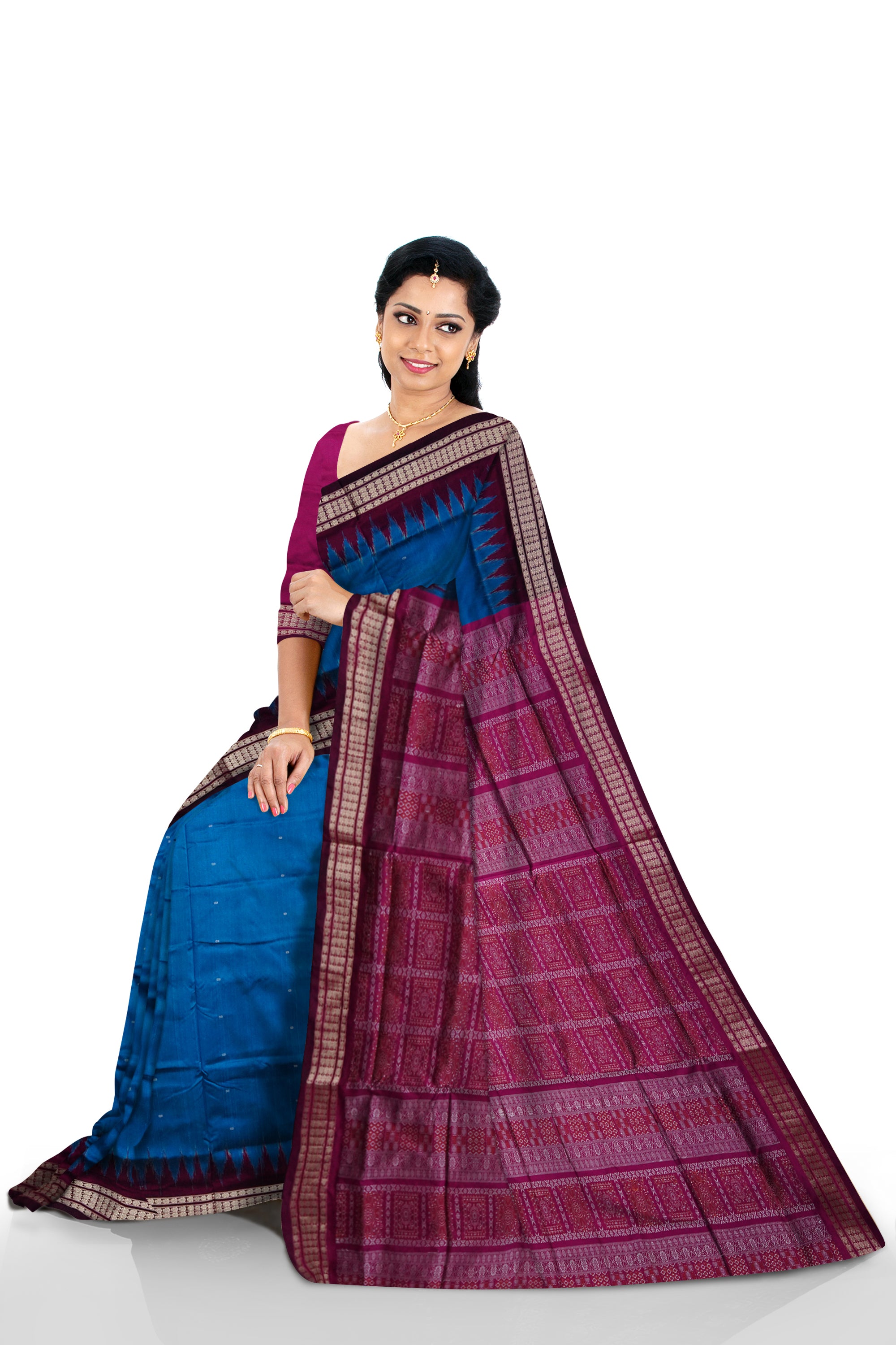 Small booty pattern body with pallu bomkei pattern Sambalpuri plain pata saree in Blue and pink color. - Koshali Arts & Crafts Enterprise
