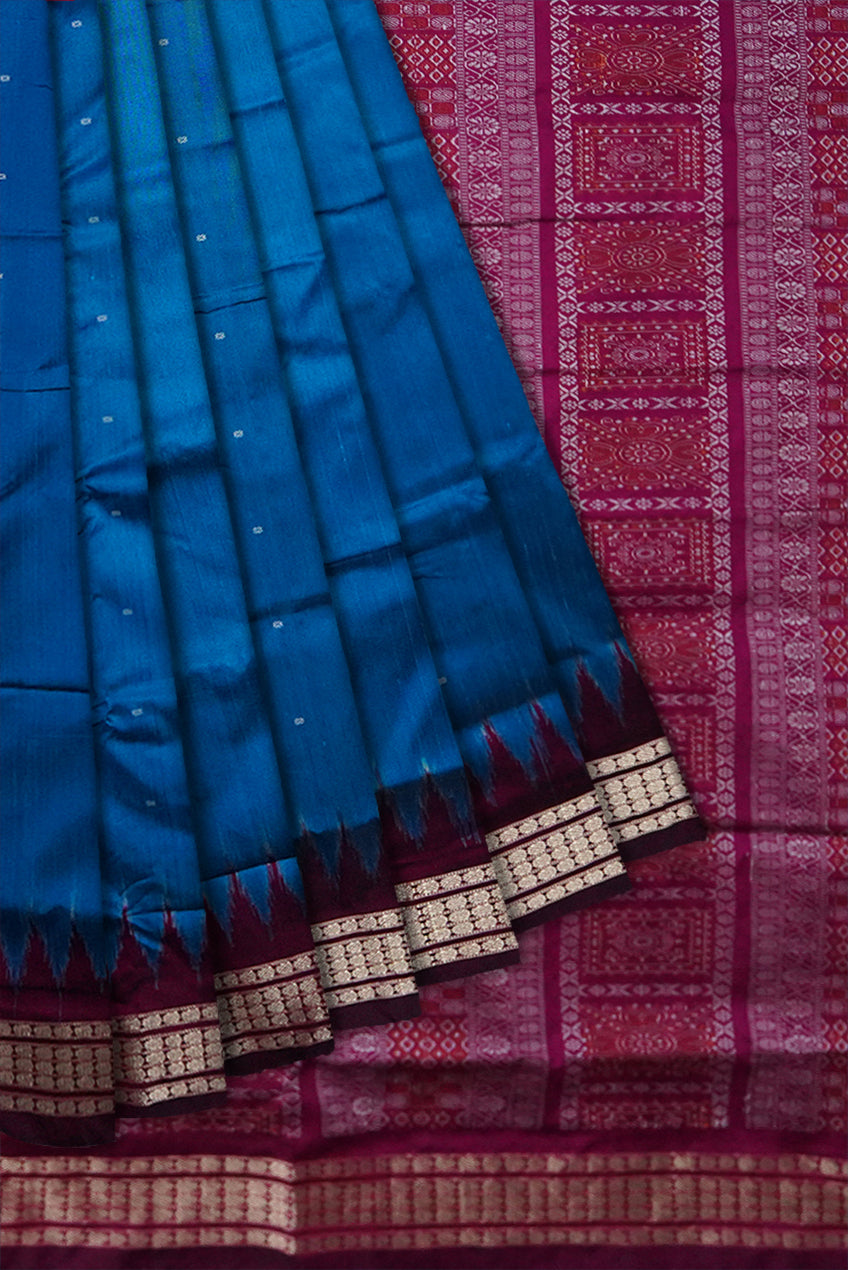 Small booty pattern body with pallu bomkei pattern Sambalpuri plain pata saree in Blue and pink color. - Koshali Arts & Crafts Enterprise