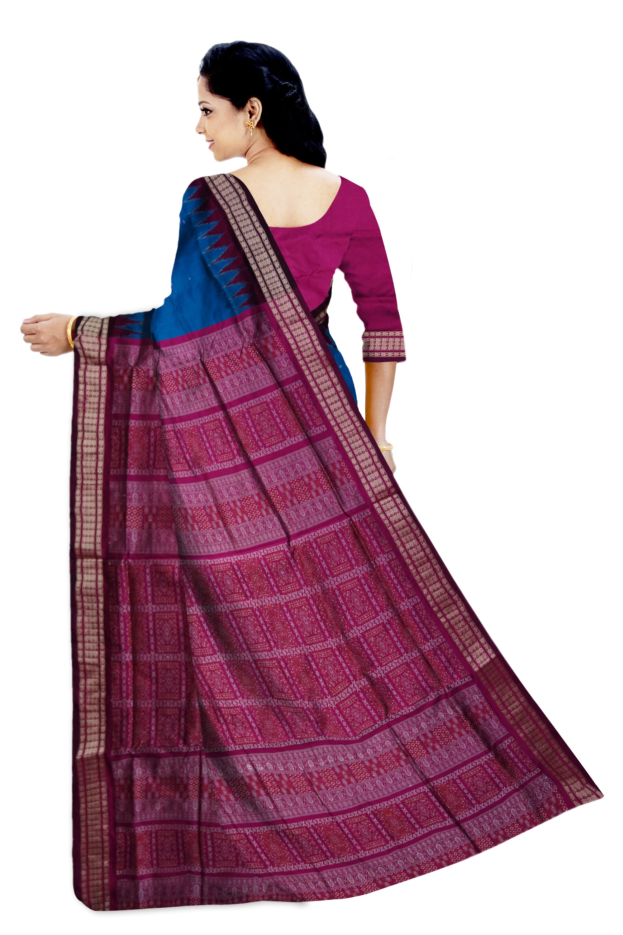 Small booty pattern body with pallu bomkei pattern Sambalpuri plain pata saree in Blue and pink color. - Koshali Arts & Crafts Enterprise