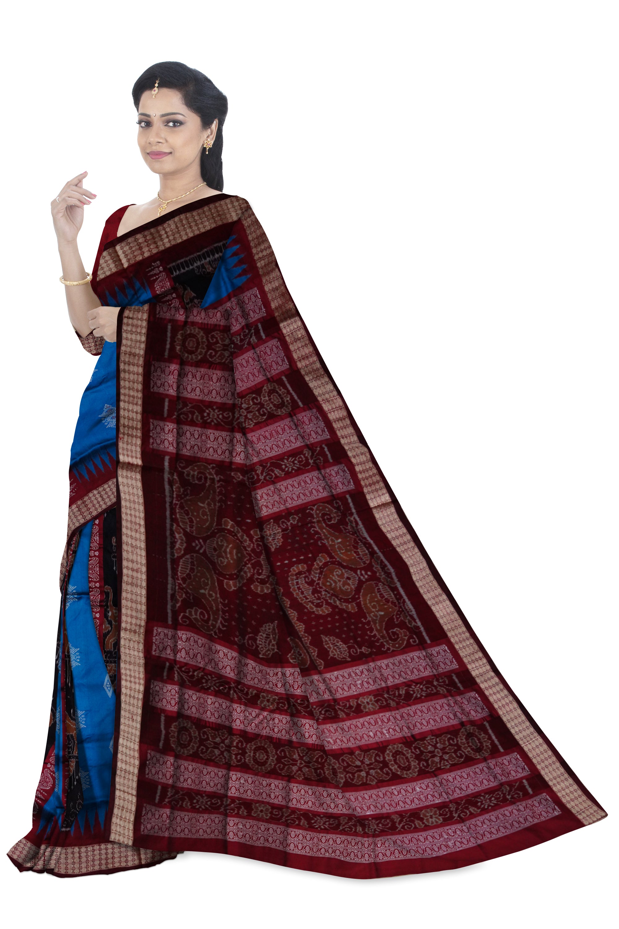 Blue and Black color bomkei with bandha design Sambalpuri pata saree. - Koshali Arts & Crafts Enterprise