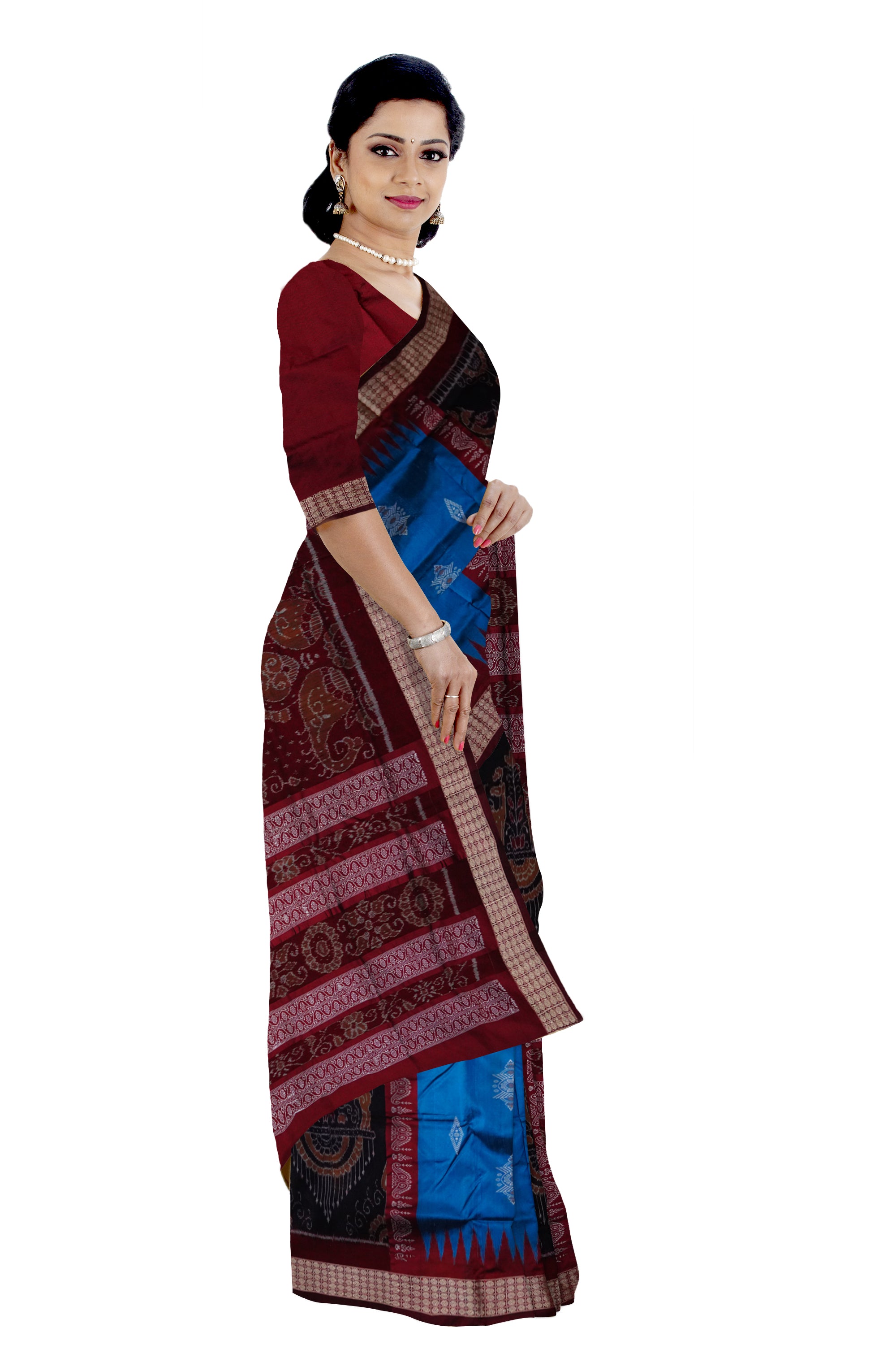 Blue and Black color bomkei with bandha design Sambalpuri pata saree. - Koshali Arts & Crafts Enterprise