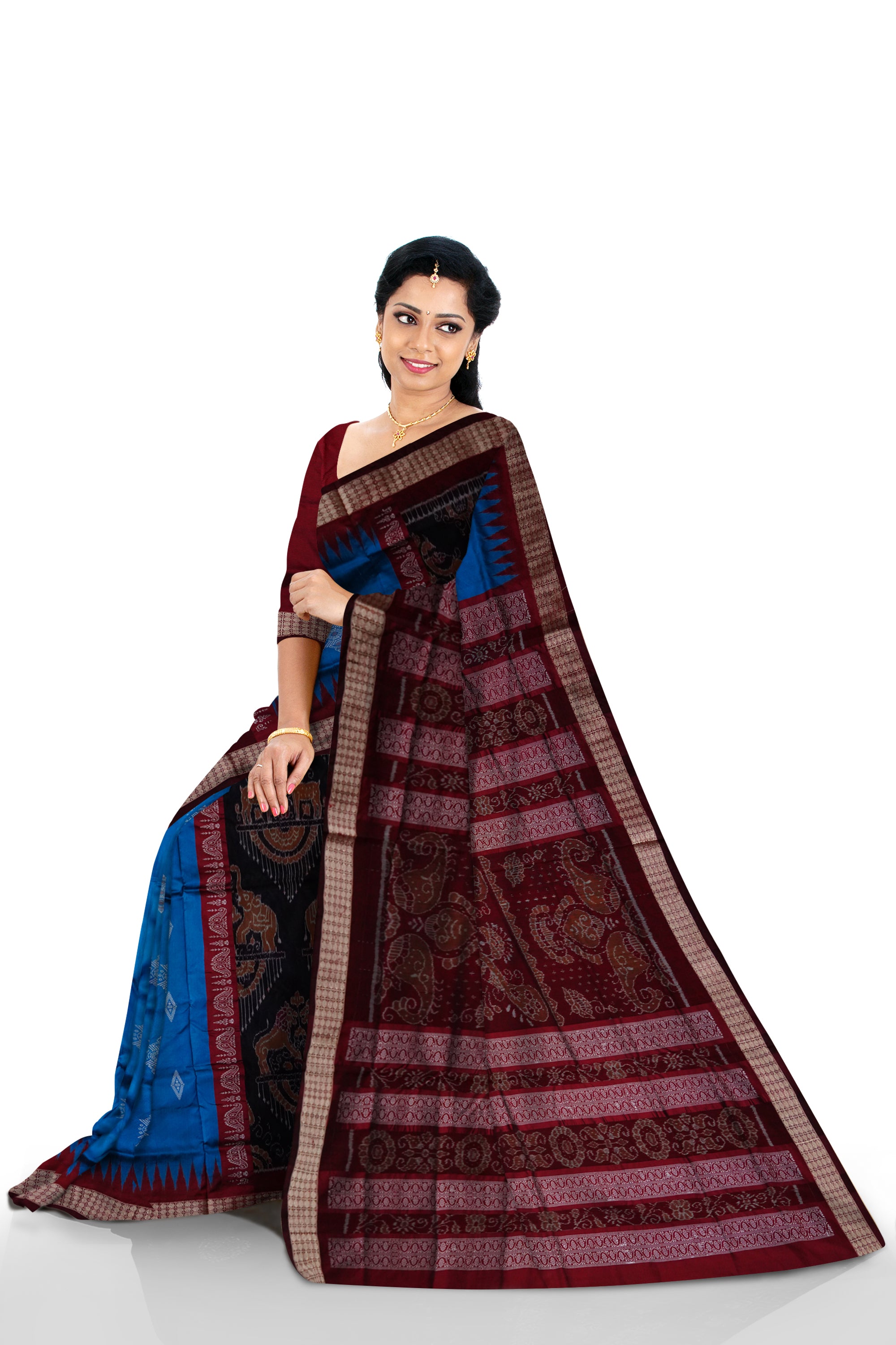 Blue and Black color bomkei with bandha design Sambalpuri pata saree. - Koshali Arts & Crafts Enterprise