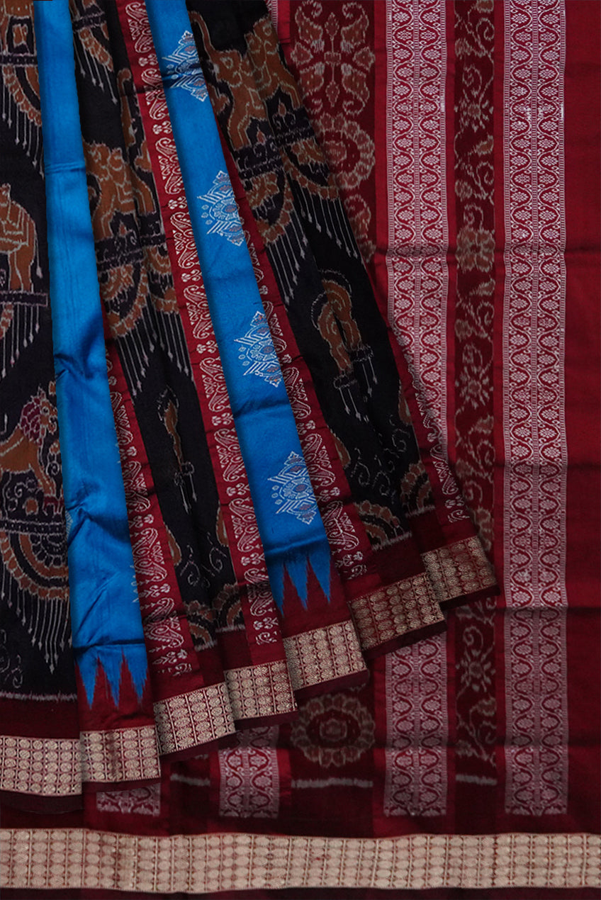 Blue and Black color bomkei with bandha design Sambalpuri pata saree. - Koshali Arts & Crafts Enterprise