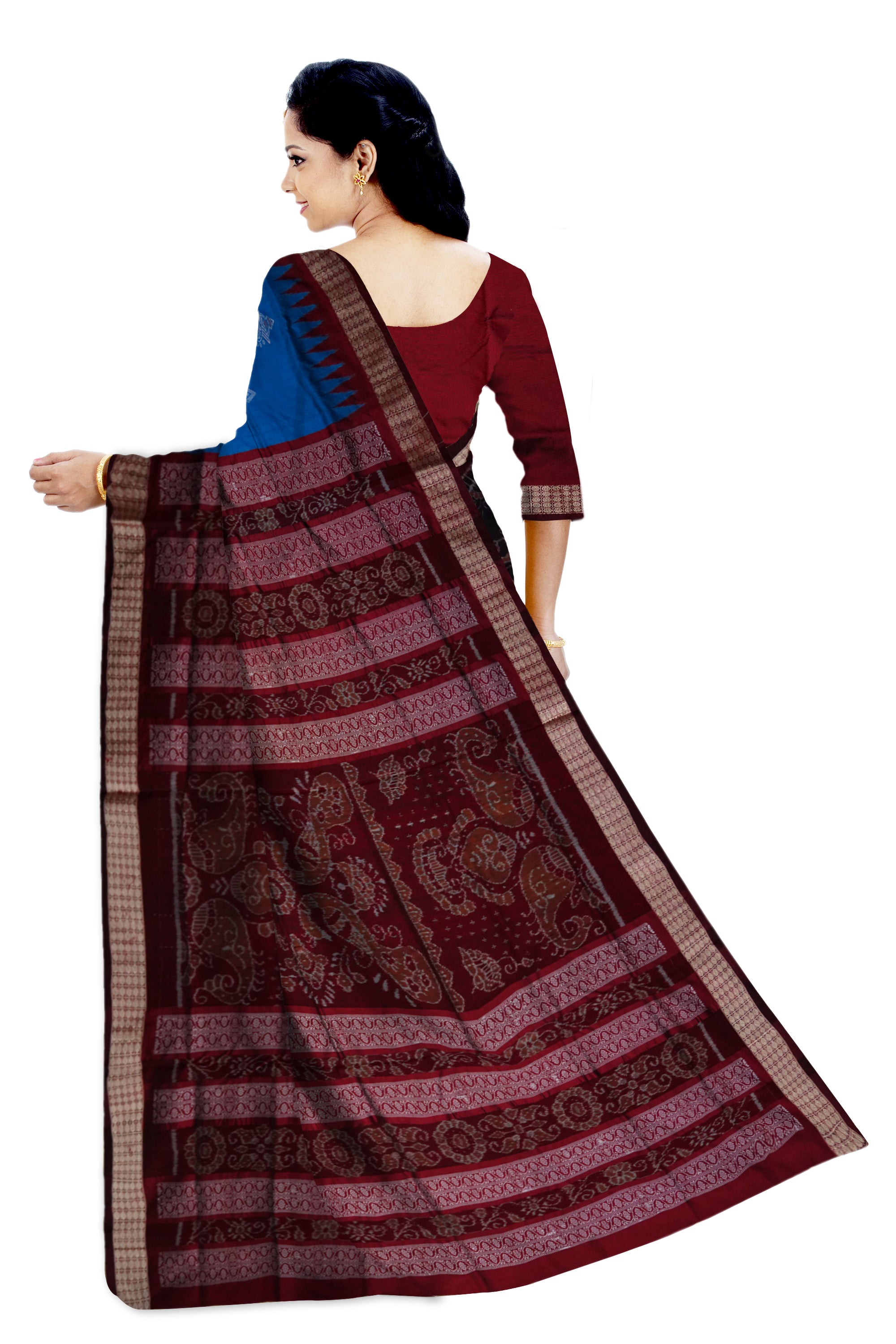 Blue and Black color bomkei with bandha design Sambalpuri pata saree. - Koshali Arts & Crafts Enterprise