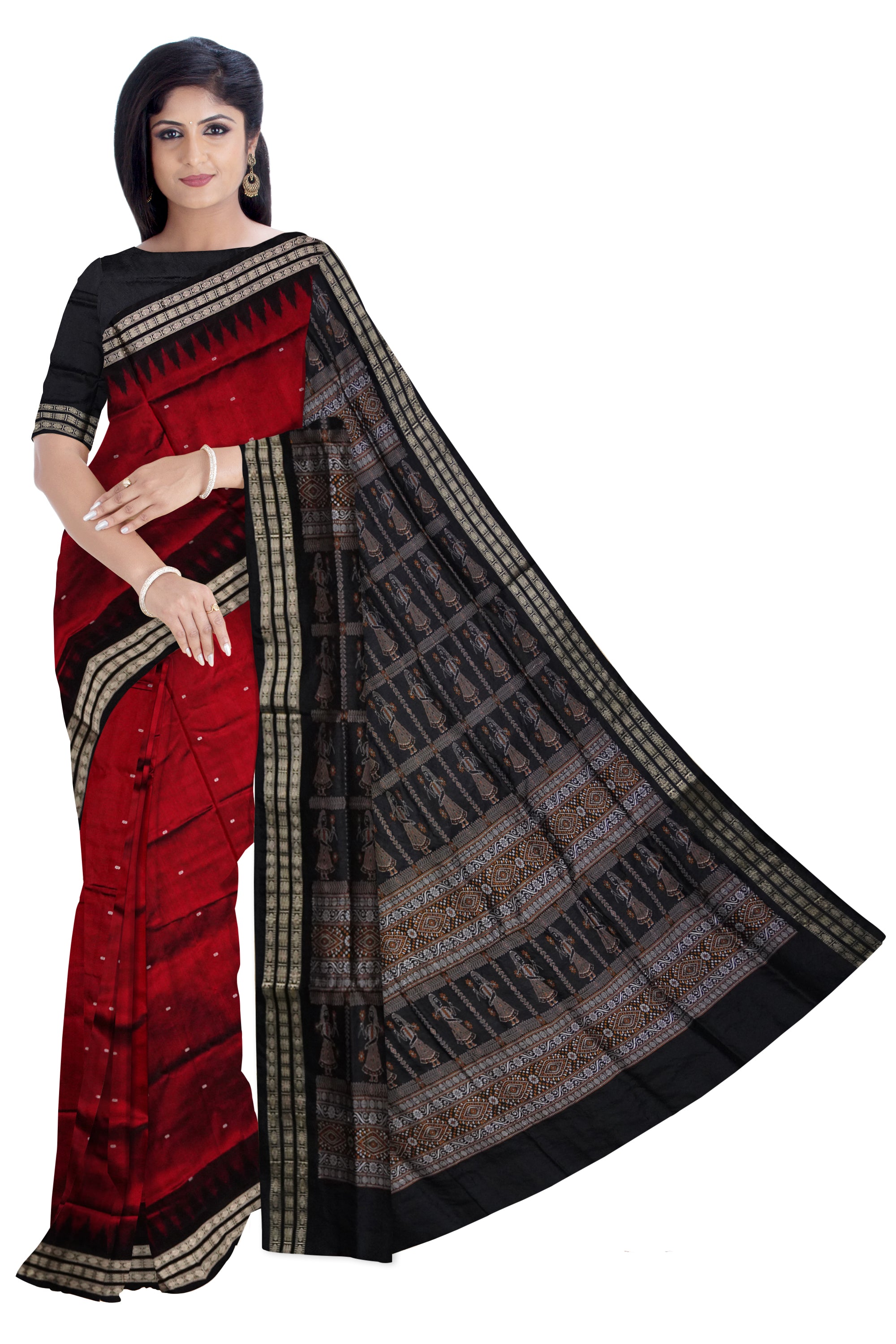 Small booty pattern  with doll pallu Sambalpuri plain pata saree in Maroon and Black color. - Koshali Arts & Crafts Enterprise