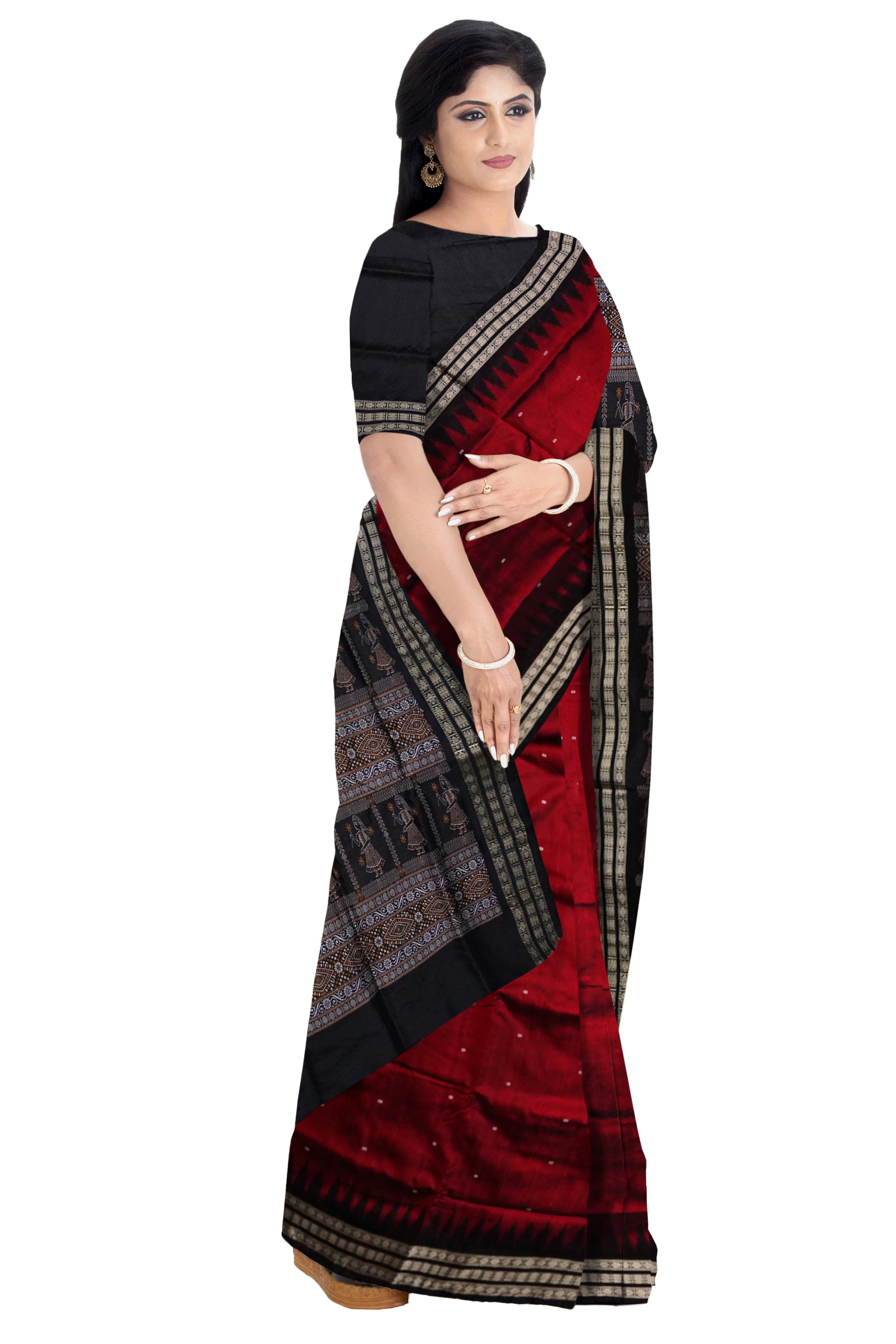 Small booty pattern  with doll pallu Sambalpuri plain pata saree in Maroon and Black color. - Koshali Arts & Crafts Enterprise