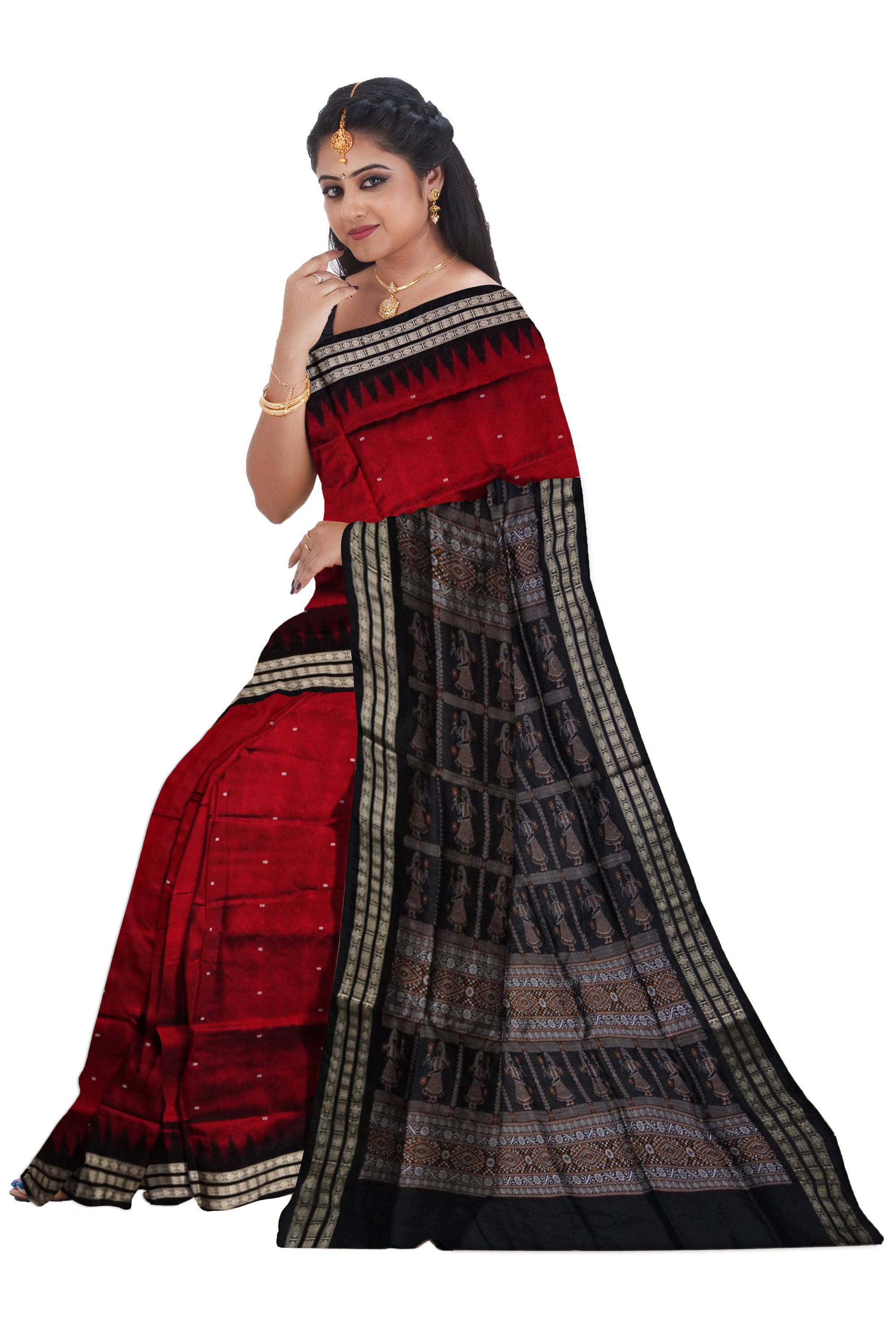 Small booty pattern  with doll pallu Sambalpuri plain pata saree in Maroon and Black color. - Koshali Arts & Crafts Enterprise