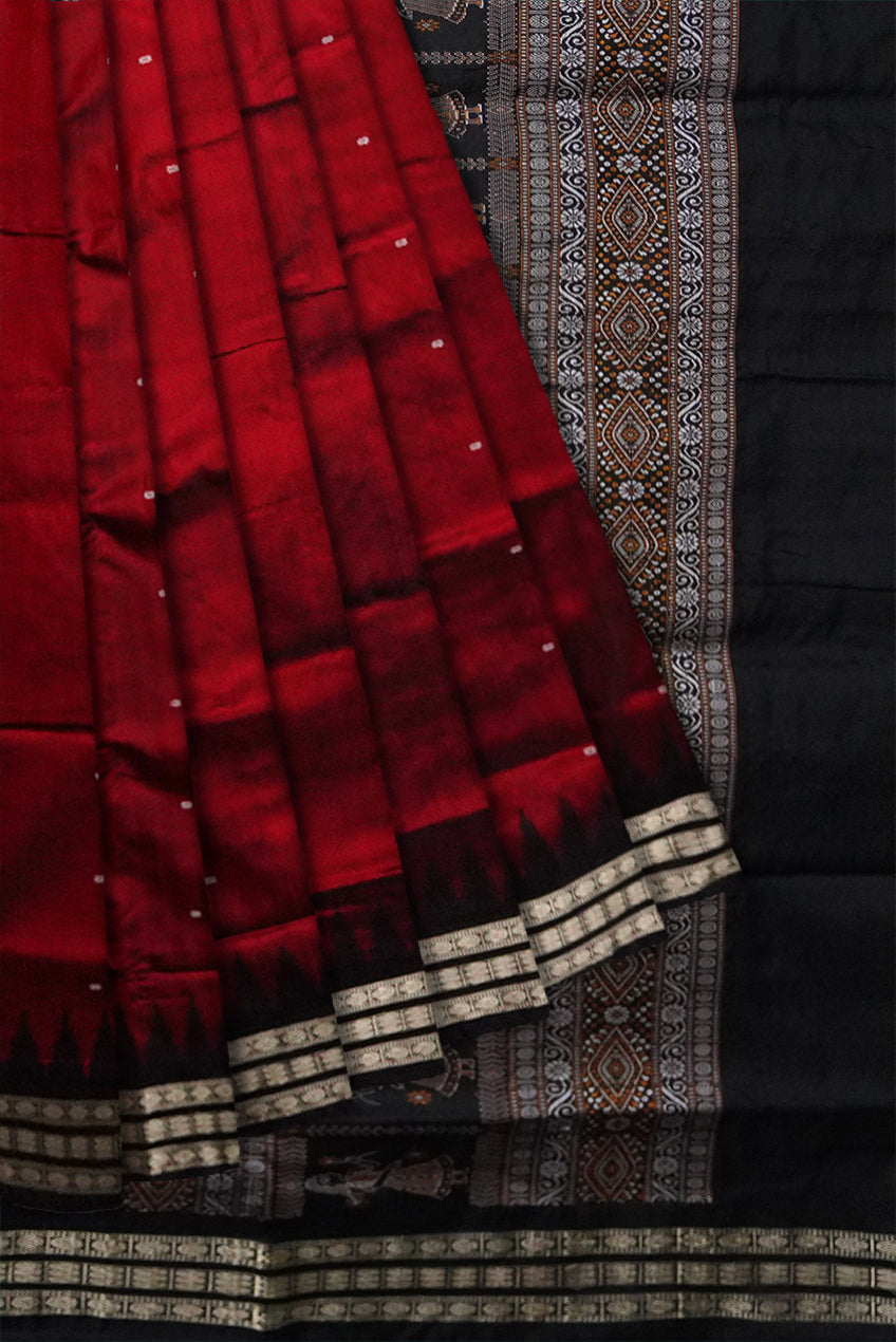 Small booty pattern  with doll pallu Sambalpuri plain pata saree in Maroon and Black color. - Koshali Arts & Crafts Enterprise