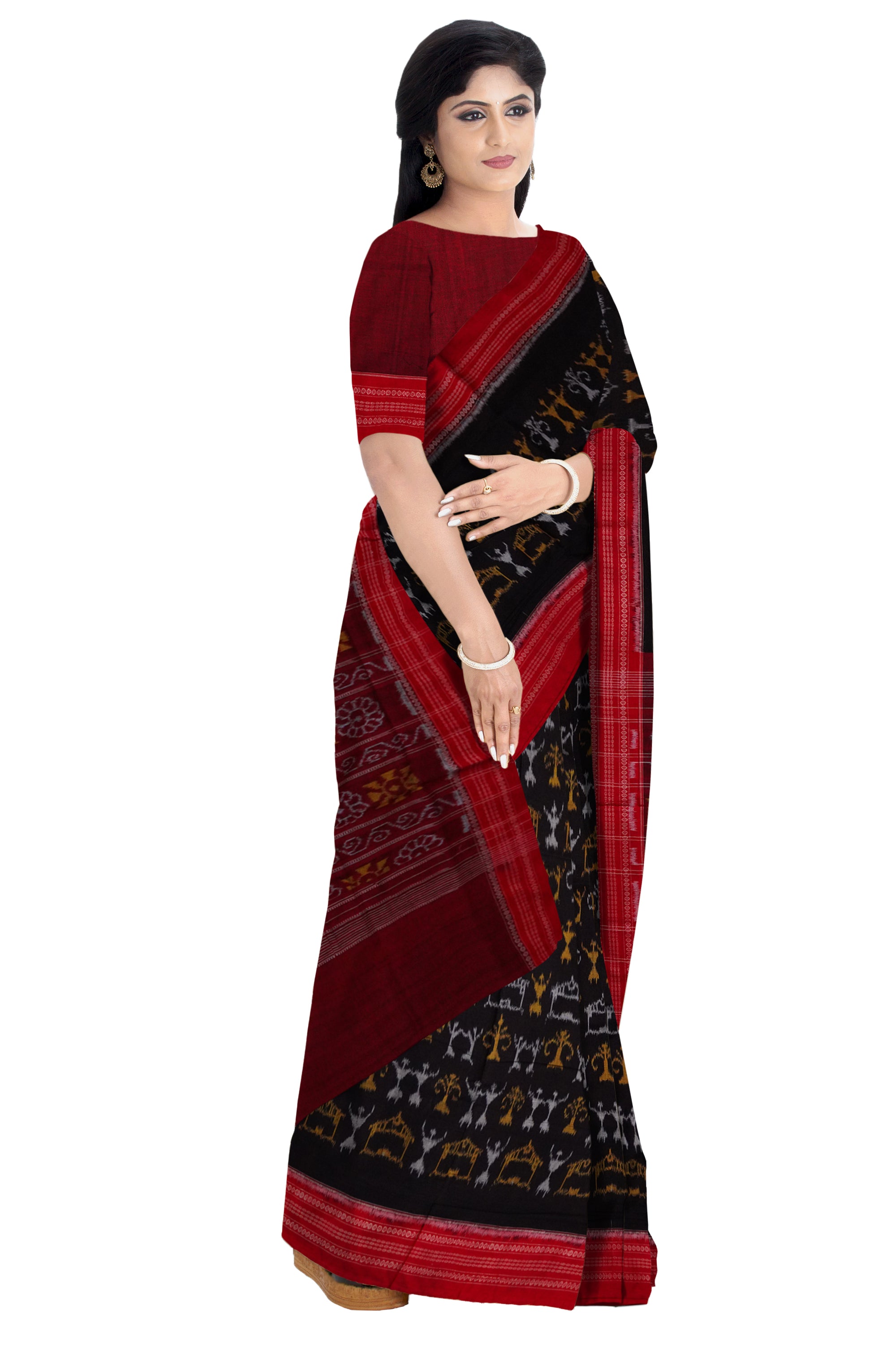 Black and maroon color whole body terracotta pattern pure Sambalpuri cotton saree. - Koshali Arts & Crafts Enterprise