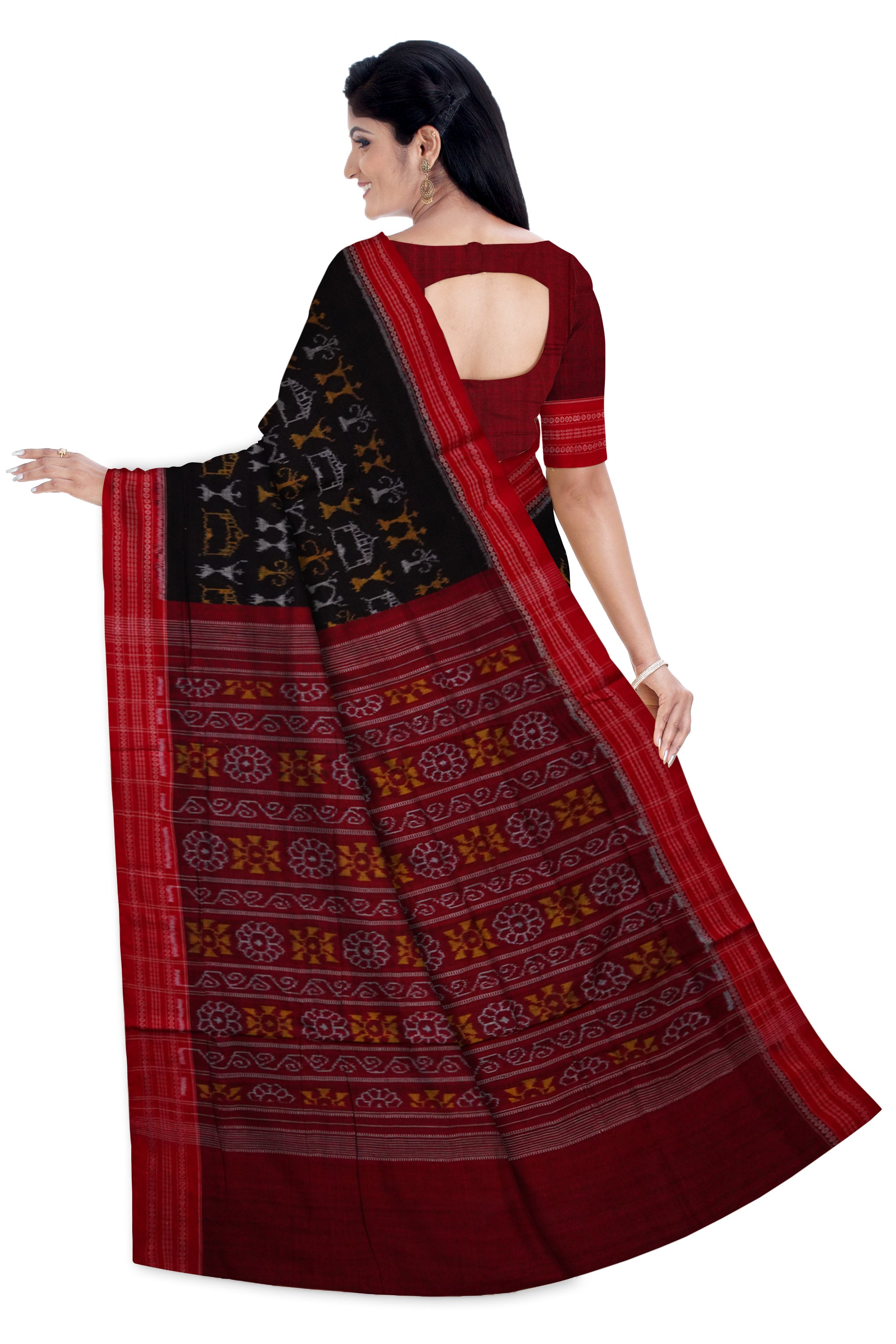 Black and maroon color whole body terracotta pattern pure Sambalpuri cotton saree. - Koshali Arts & Crafts Enterprise