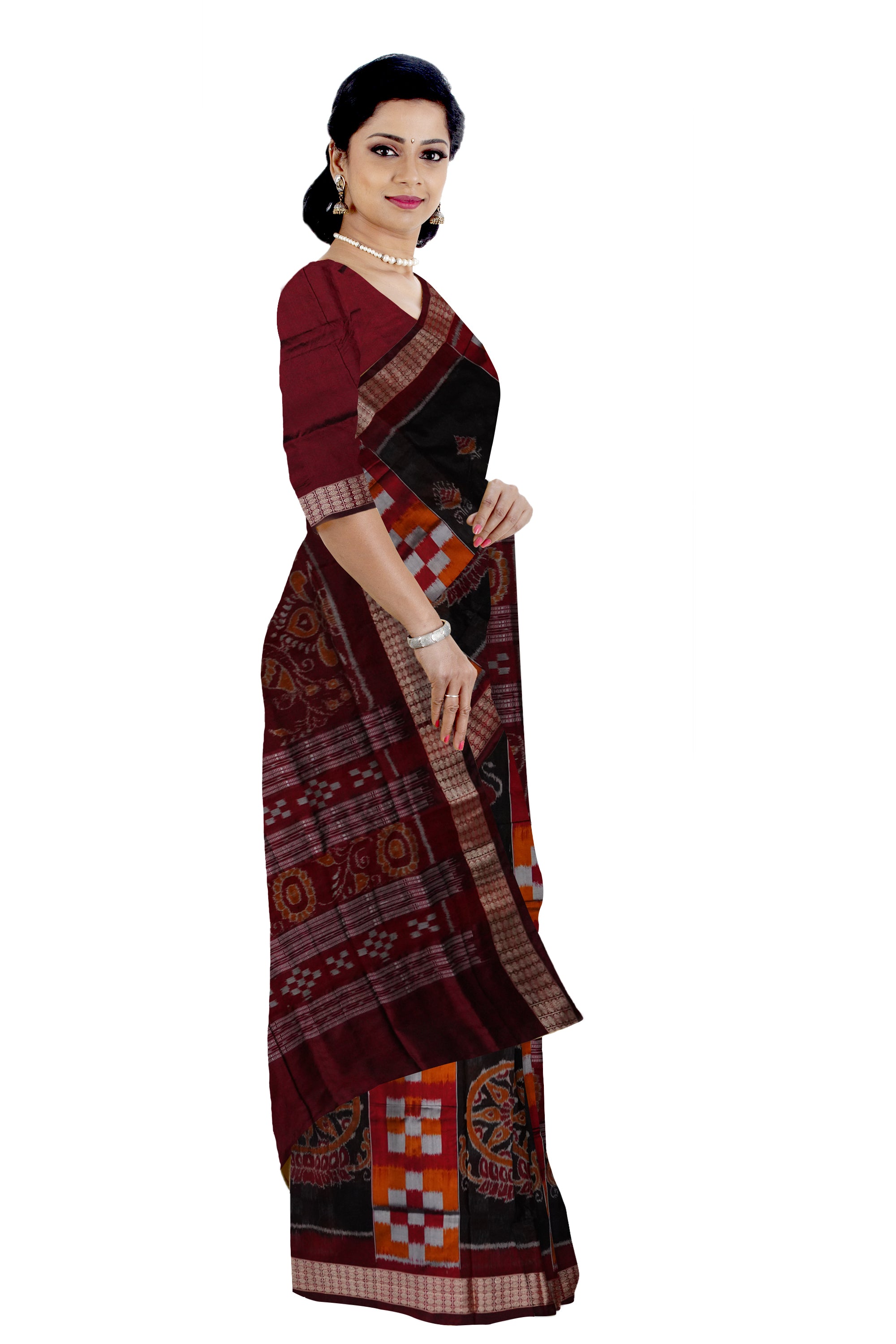 Konarka with Pasapali design Sambalpuri pata saree in Black,Orange and Coffee color. - Koshali Arts & Crafts Enterprise