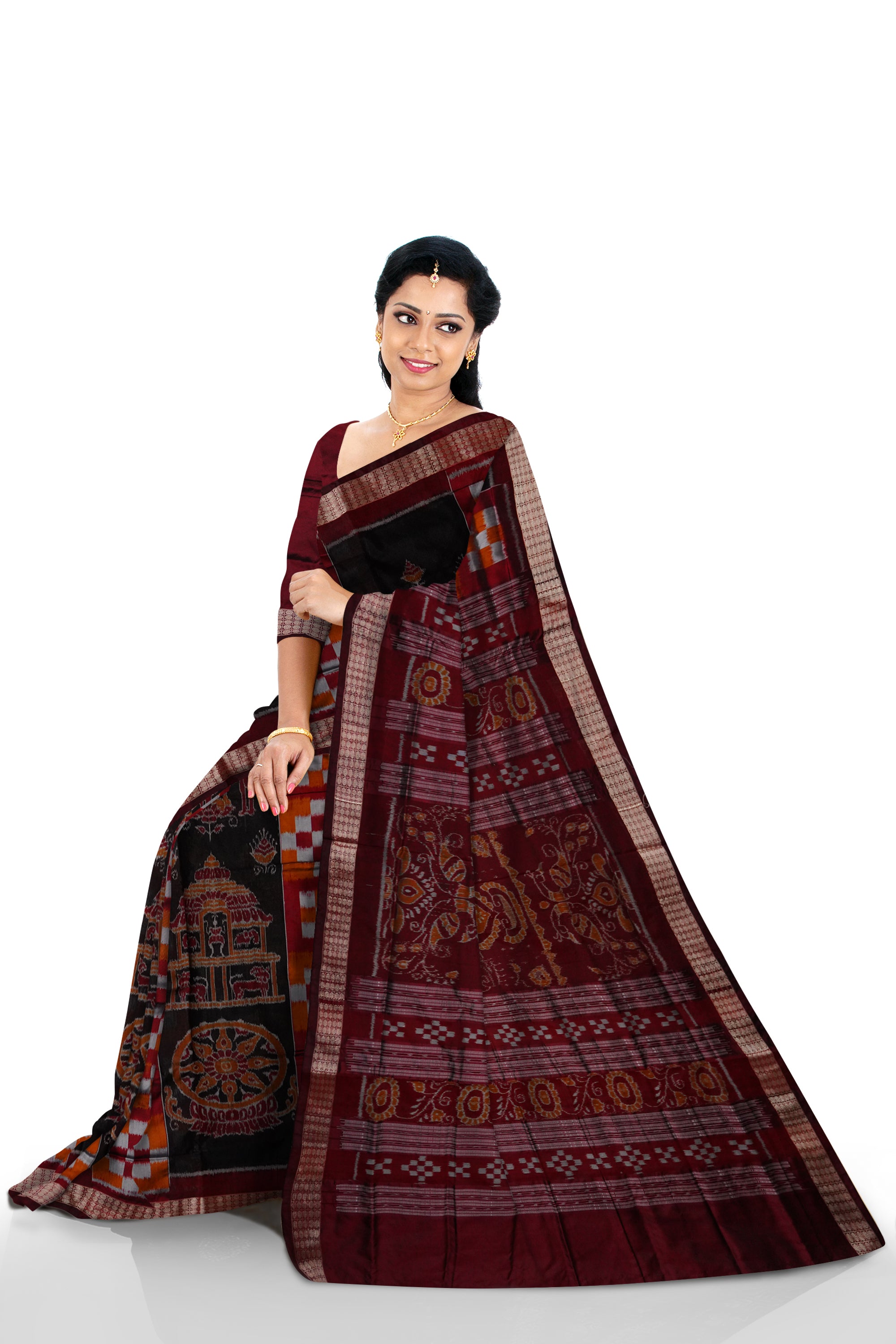 Konarka with Pasapali design Sambalpuri pata saree in Black,Orange and Coffee color. - Koshali Arts & Crafts Enterprise