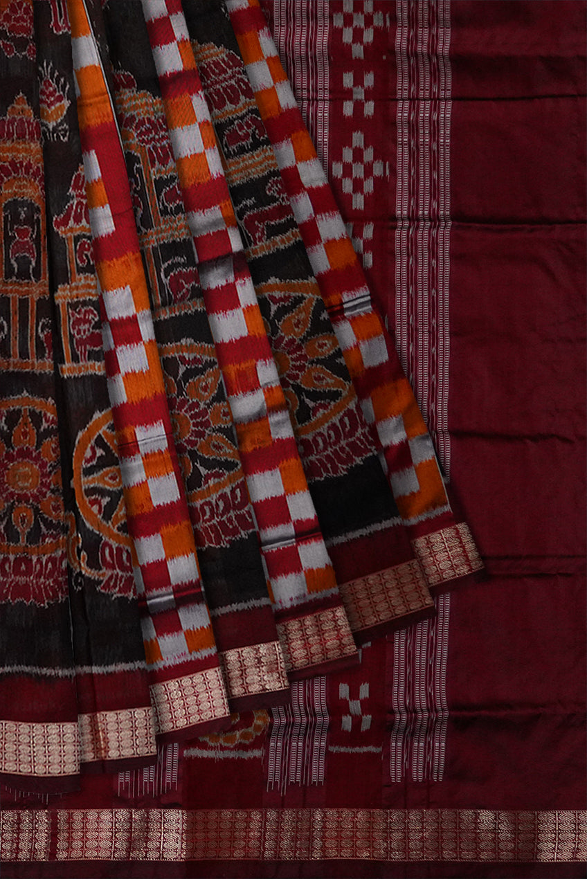 Konarka with Pasapali design Sambalpuri pata saree in Black,Orange and Coffee color. - Koshali Arts & Crafts Enterprise