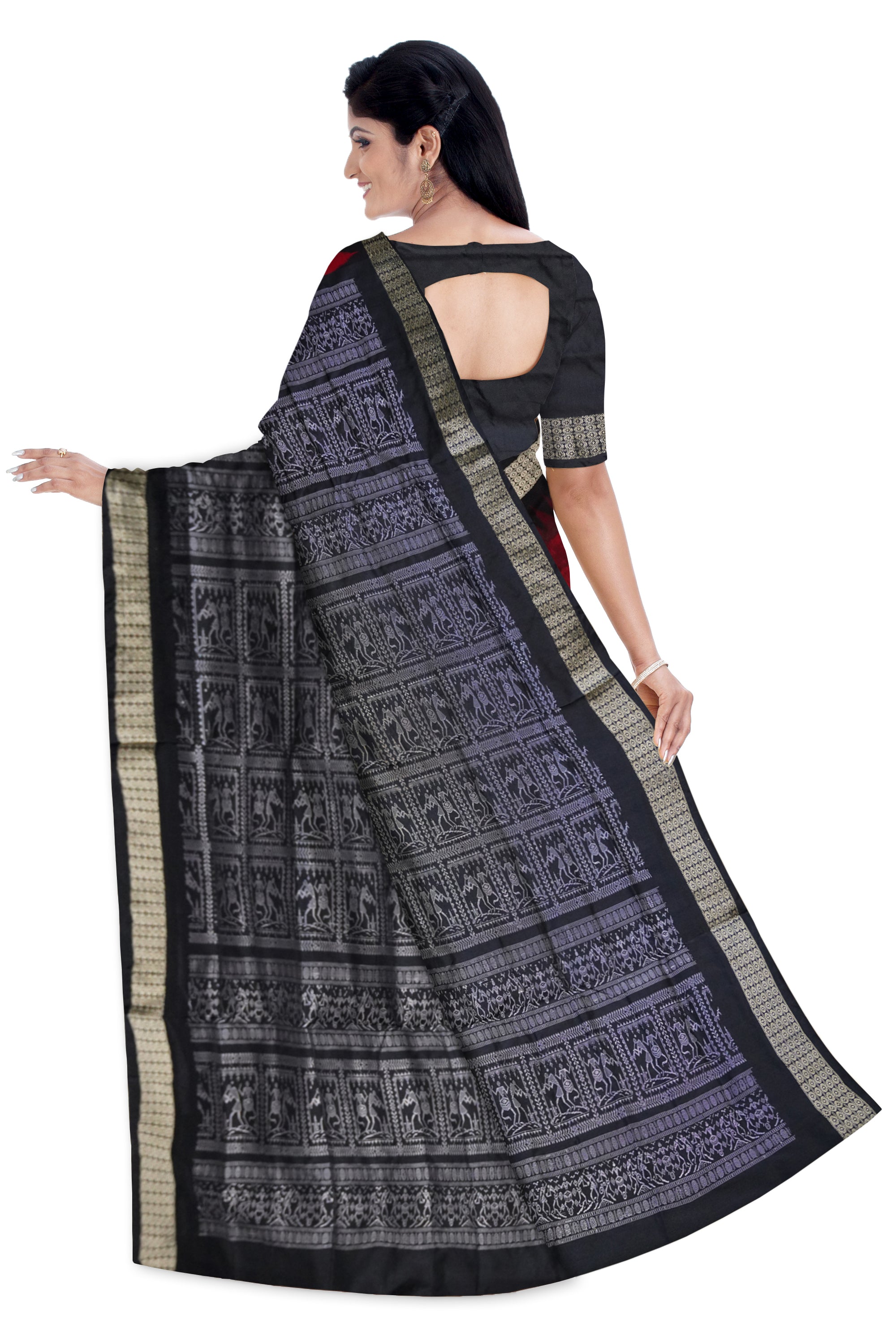 Maroon and Black color pallu terracotta pattern plain Sambalpuri pata saree. - Koshali Arts & Crafts Enterprise