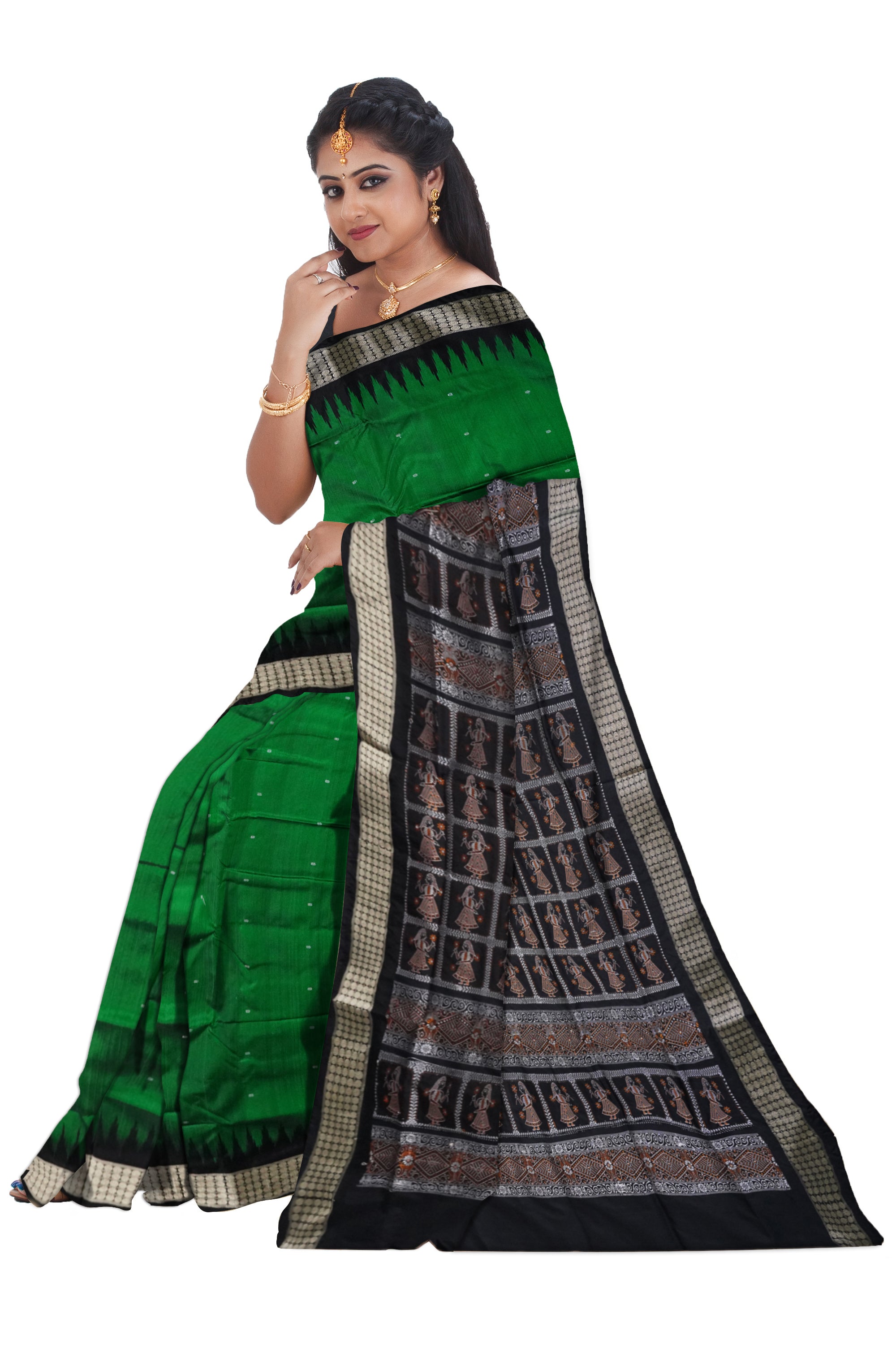 Sambalpuri latest doll pattern pallu, plain botty pattern pata saree in Green & Black color. - Koshali Arts & Crafts Enterprise