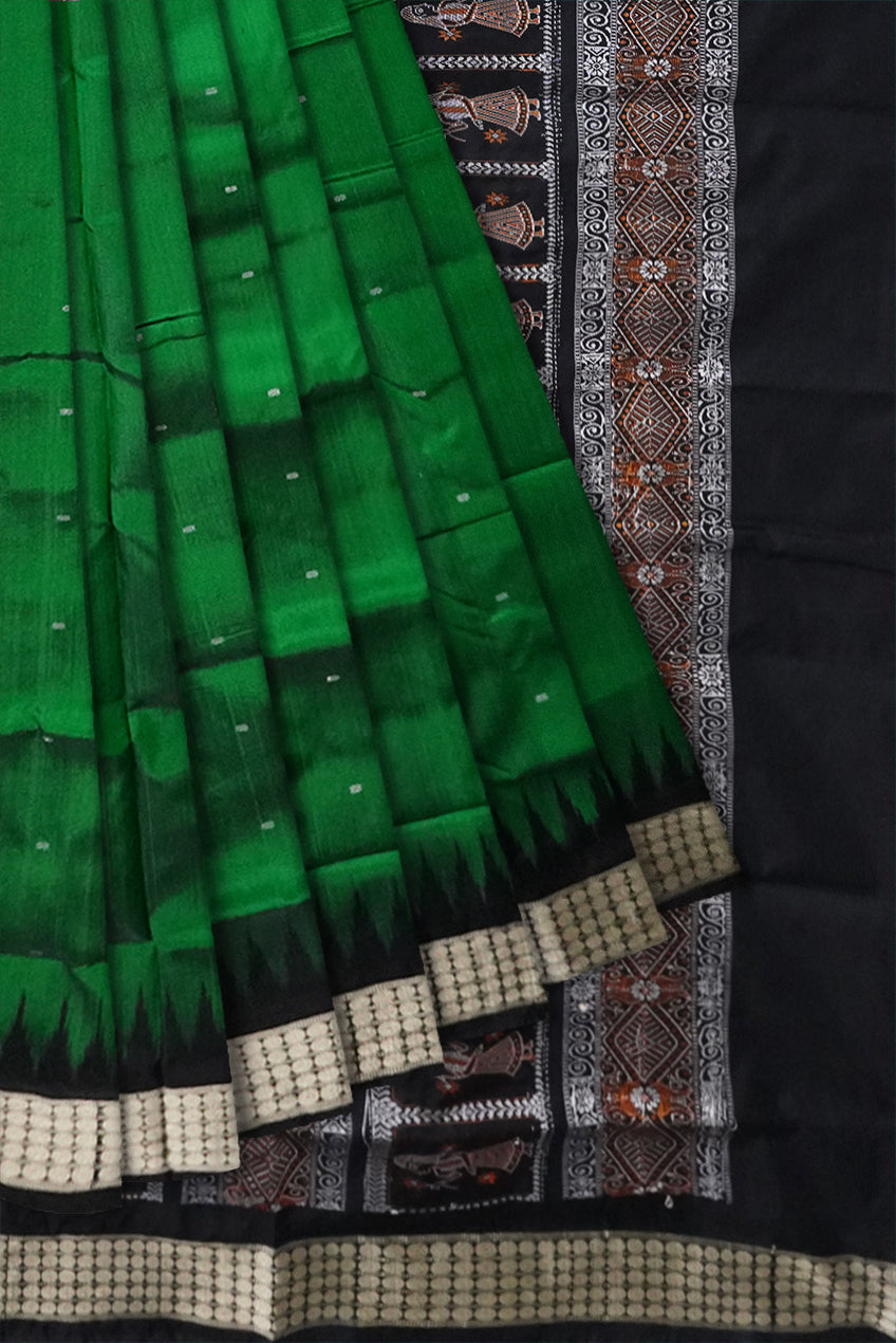 Sambalpuri latest doll pattern pallu, plain botty pattern pata saree in Green & Black color. - Koshali Arts & Crafts Enterprise