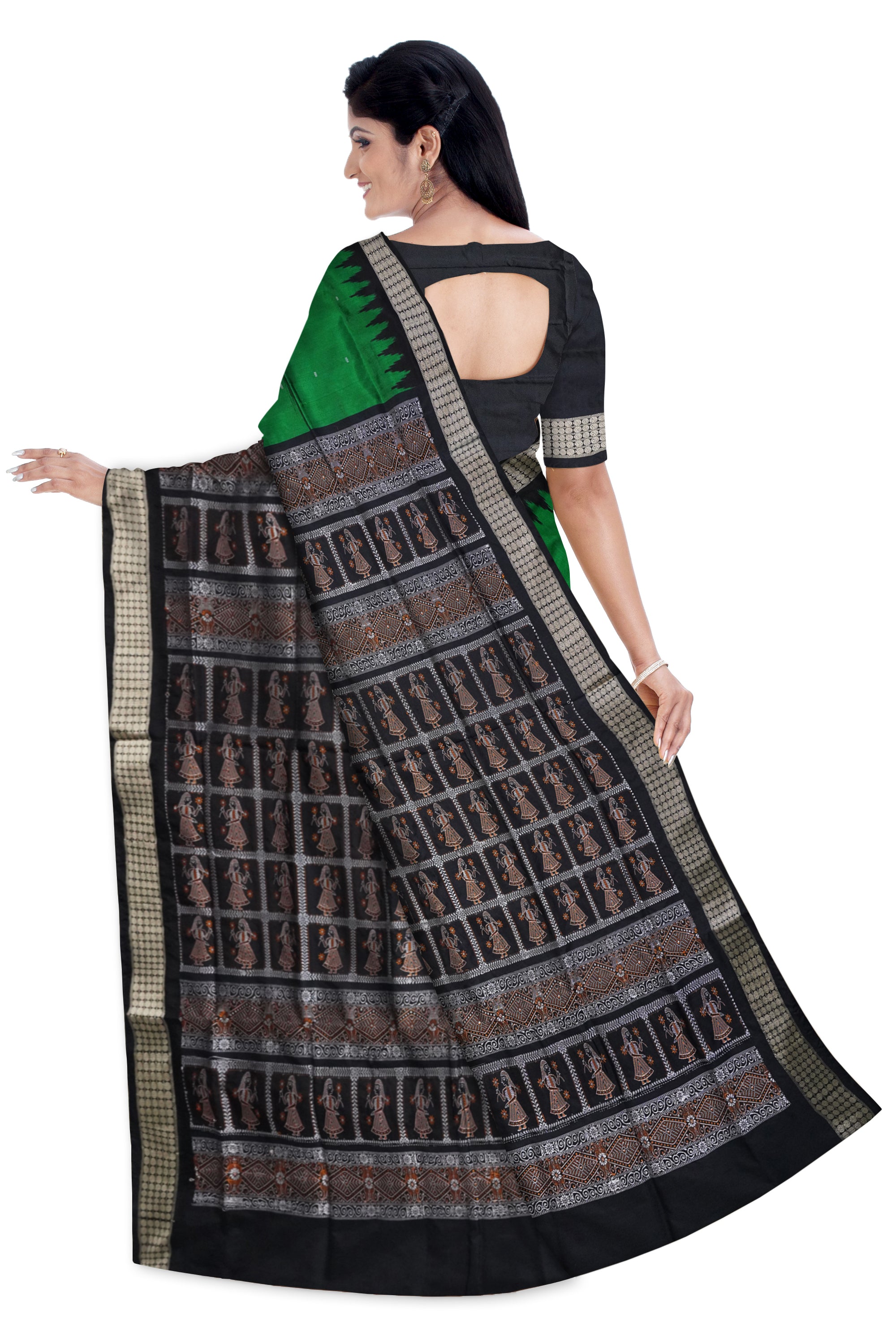 Sambalpuri latest doll pattern pallu, plain botty pattern pata saree in Green & Black color. - Koshali Arts & Crafts Enterprise
