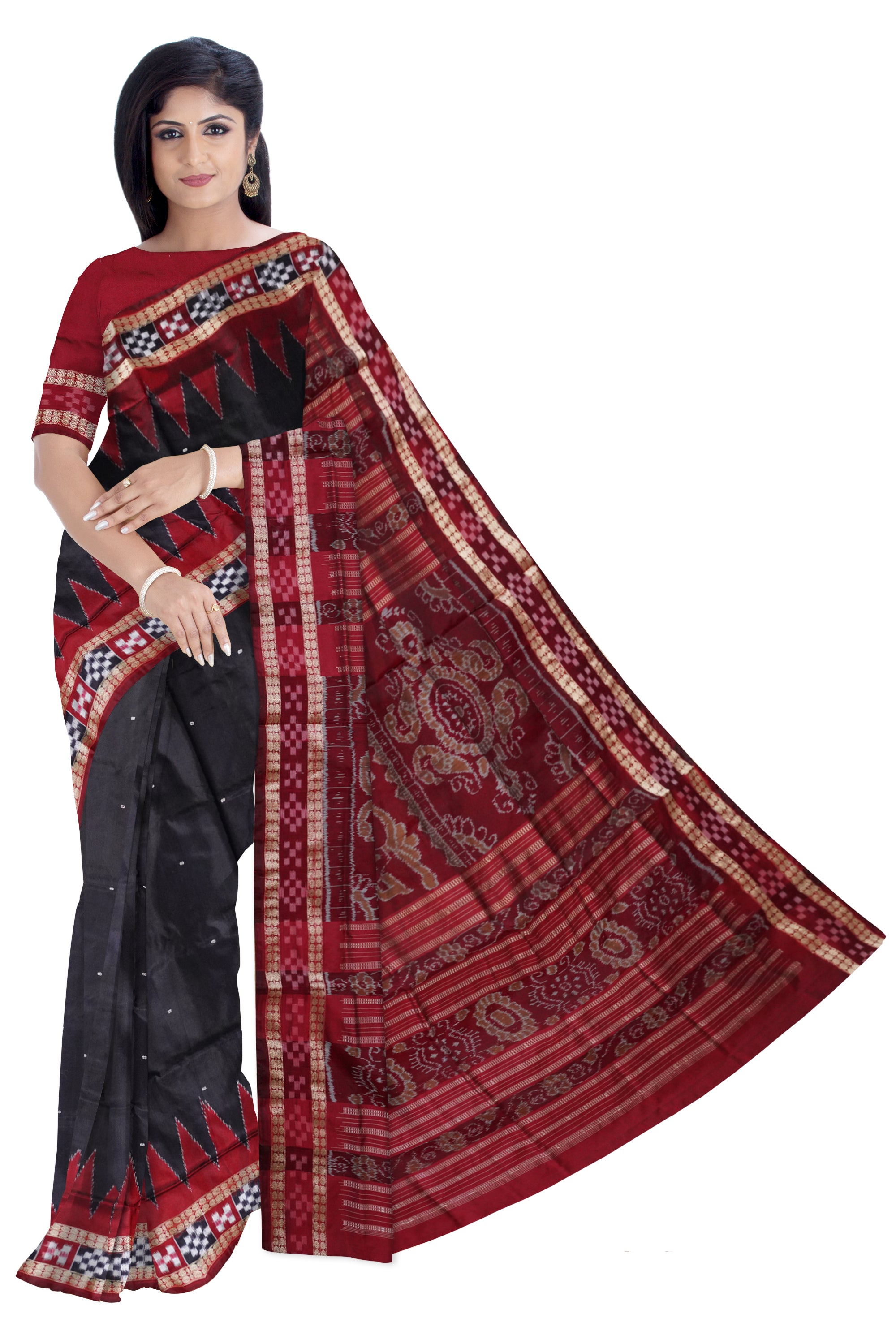 Black & Maroon color pasapali border pata sambalpuri pata saree. - Koshali Arts & Crafts Enterprise