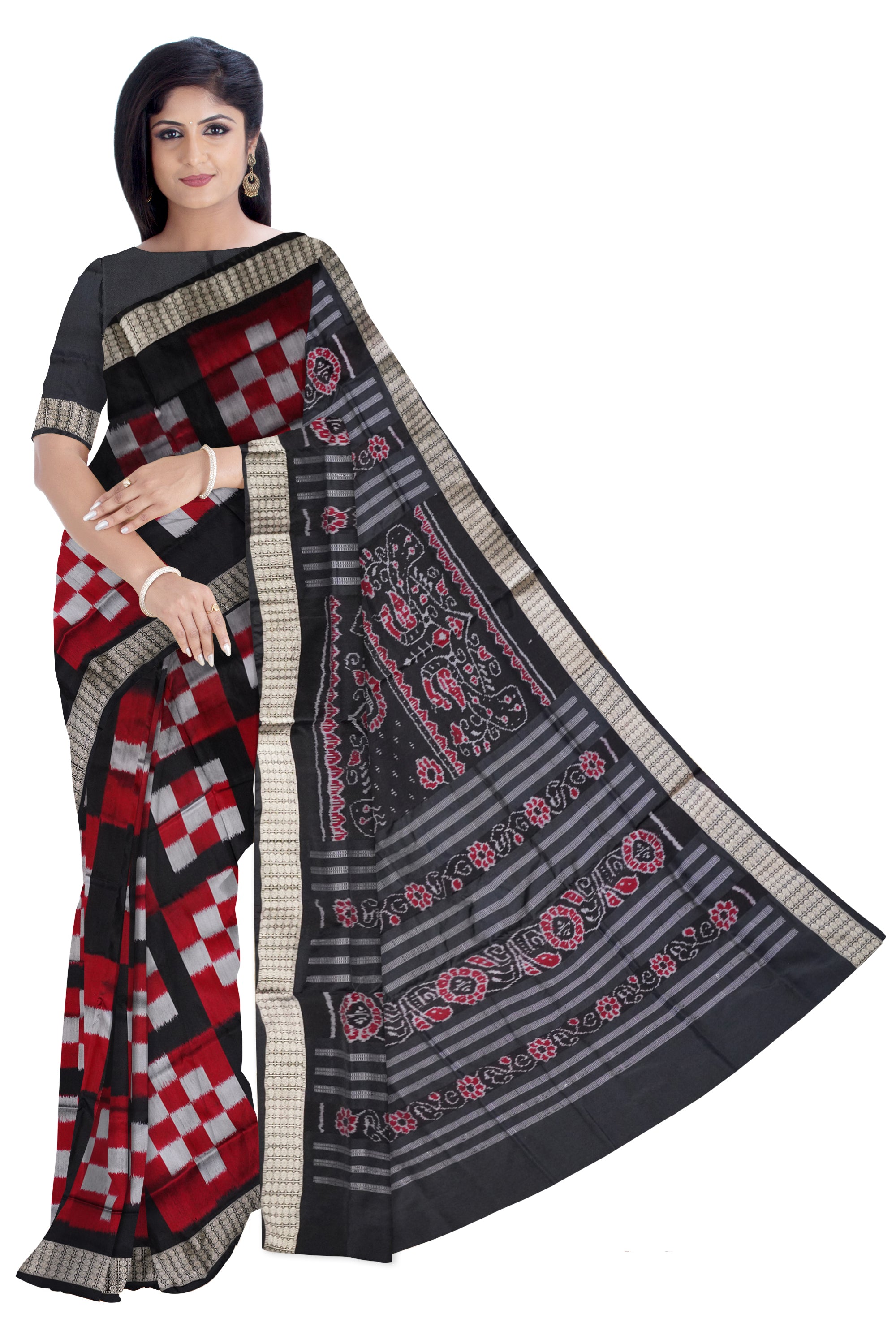 Maroon & Black color 5 kuthi pasapali Sambalpuri pata saree. - Koshali Arts & Crafts Enterprise