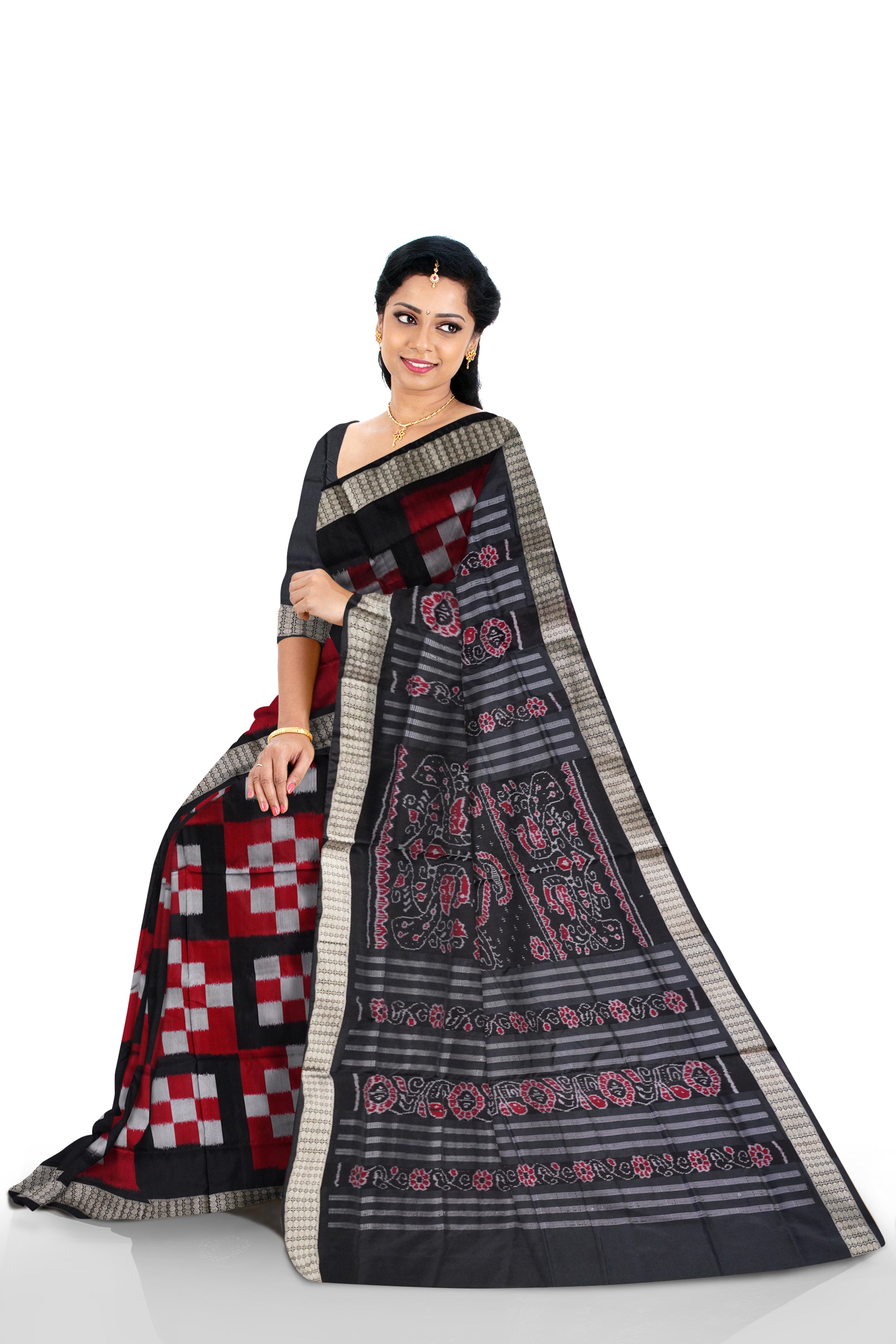 Maroon & Black color 5 kuthi pasapali Sambalpuri pata saree. - Koshali Arts & Crafts Enterprise