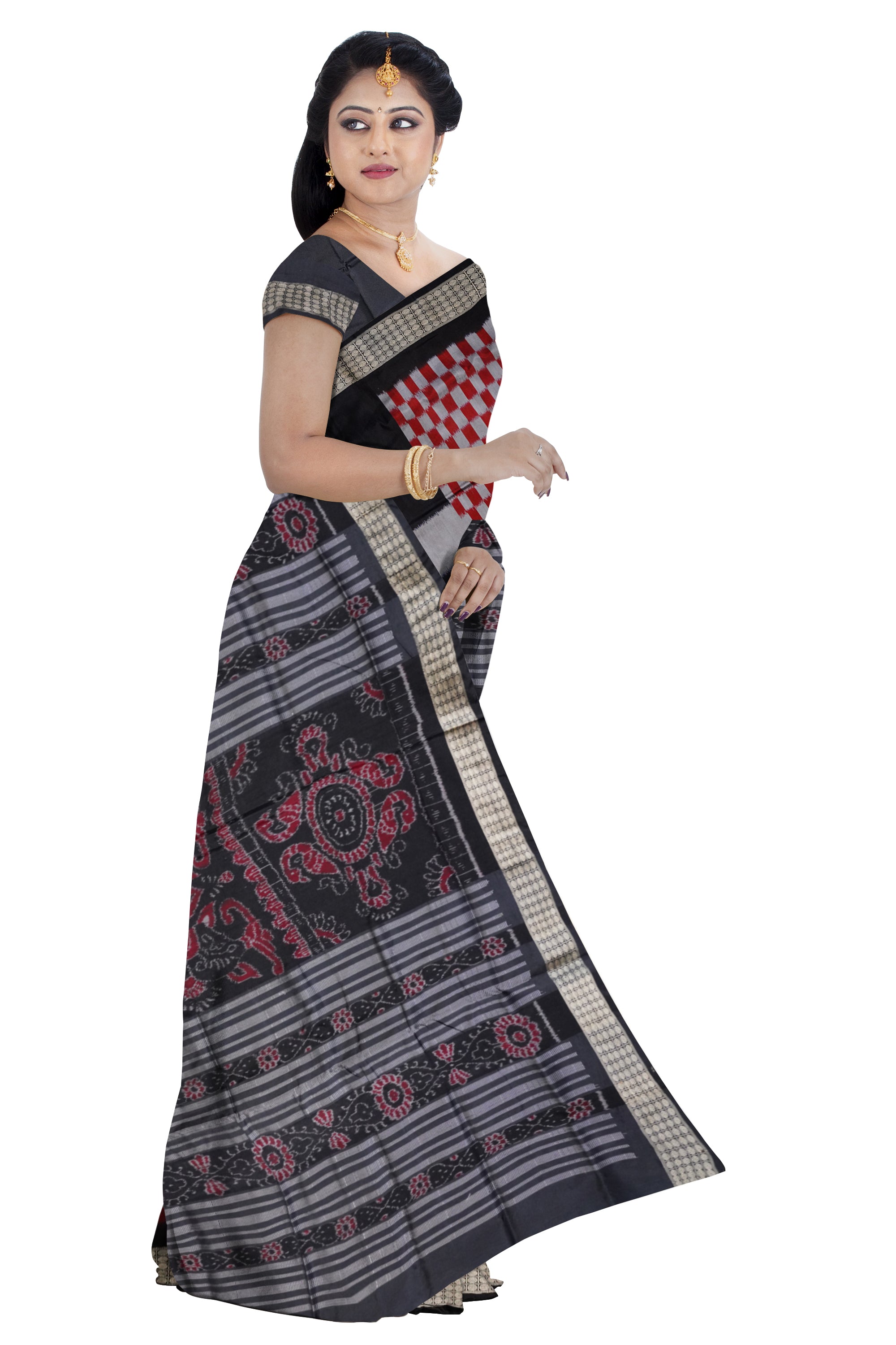 Maroon, silver with Black color big pasapali with square pattern Sambalpuri pata saree. - Koshali Arts & Crafts Enterprise