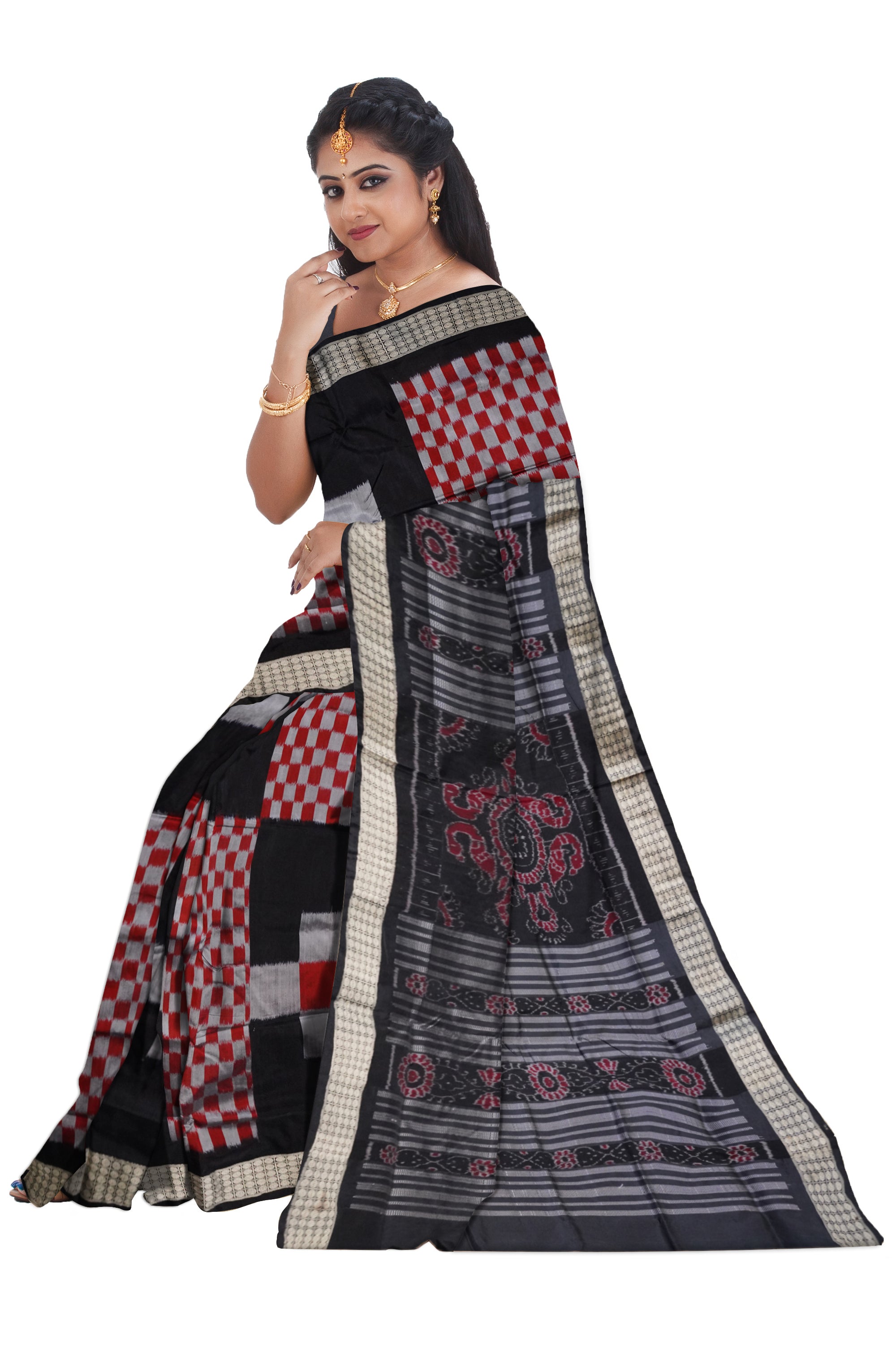 Maroon, silver with Black color big pasapali with square pattern Sambalpuri pata saree. - Koshali Arts & Crafts Enterprise