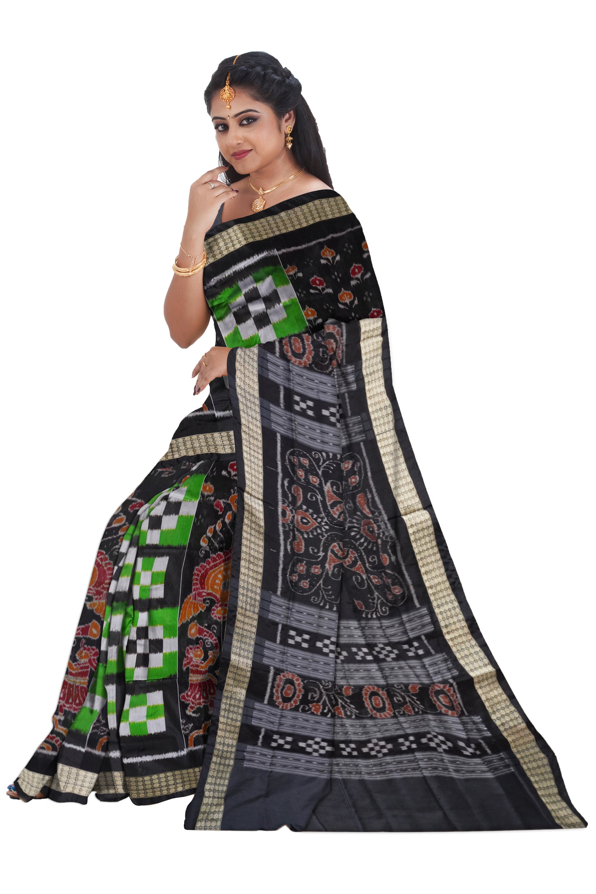 Pere pere design Nartaki with pasapali pattern Sambalpuri pata saree in green and black color. - Koshali Arts & Crafts Enterprise