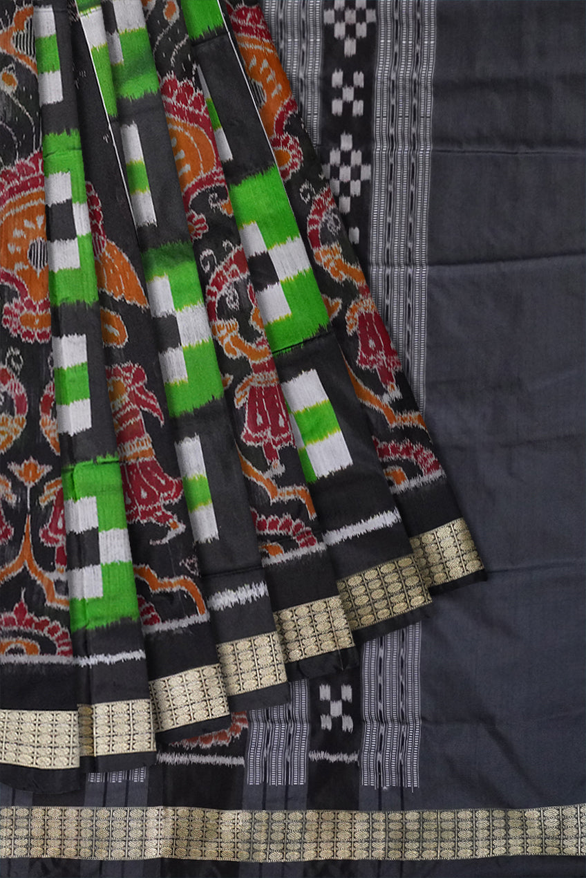 Pere pere design Nartaki with pasapali pattern Sambalpuri pata saree in green and black color. - Koshali Arts & Crafts Enterprise