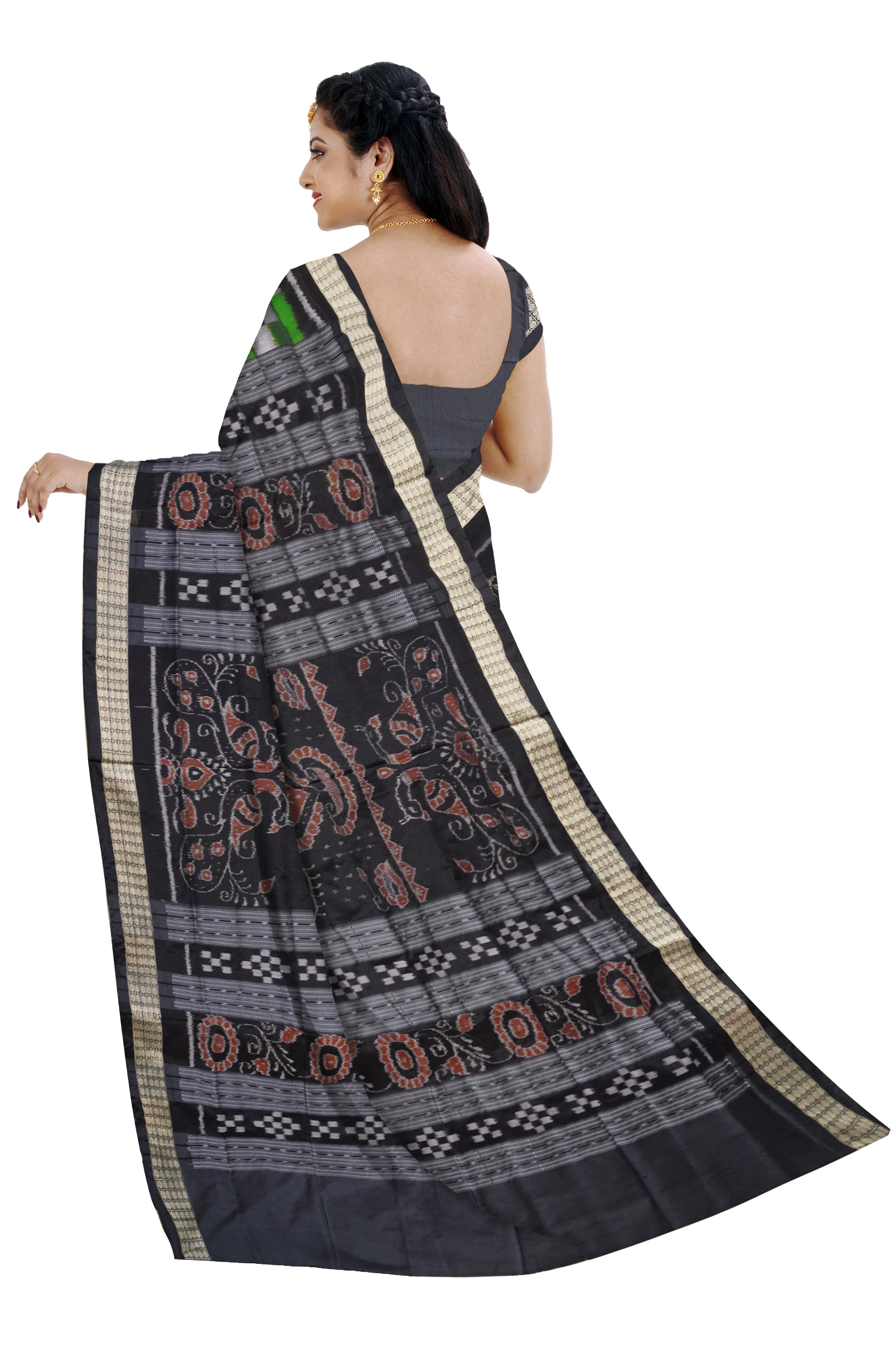 Pere pere design Nartaki with pasapali pattern Sambalpuri pata saree in green and black color. - Koshali Arts & Crafts Enterprise