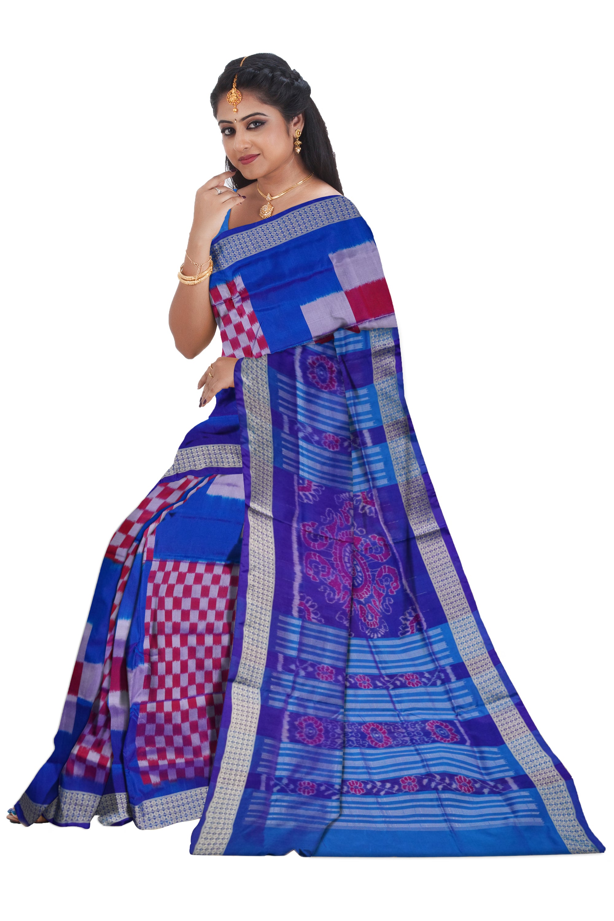 Sky-blue & maroon Sambalpuri pata saree, bandha pallu, matching blouse. - Koshali Arts & Crafts Enterprise