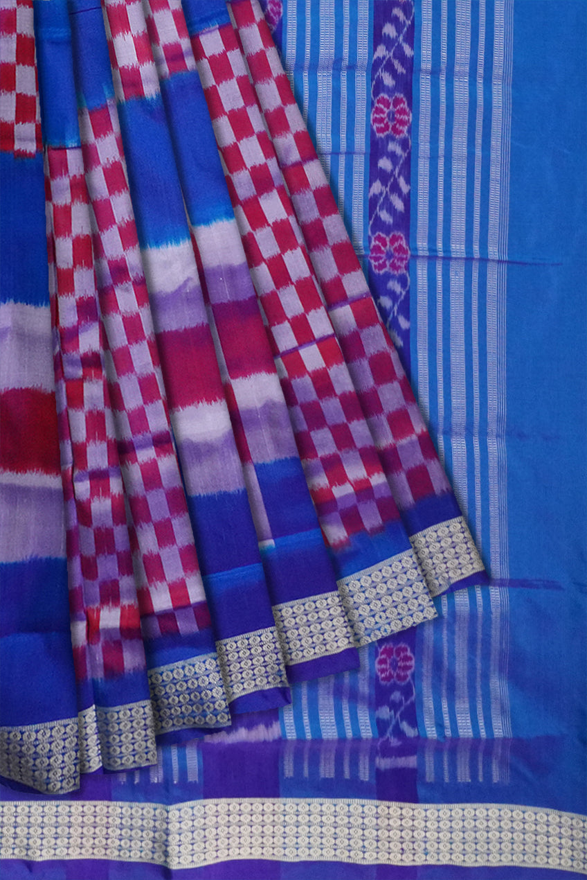 Sky-blue & maroon Sambalpuri pata saree, bandha pallu, matching blouse. - Koshali Arts & Crafts Enterprise