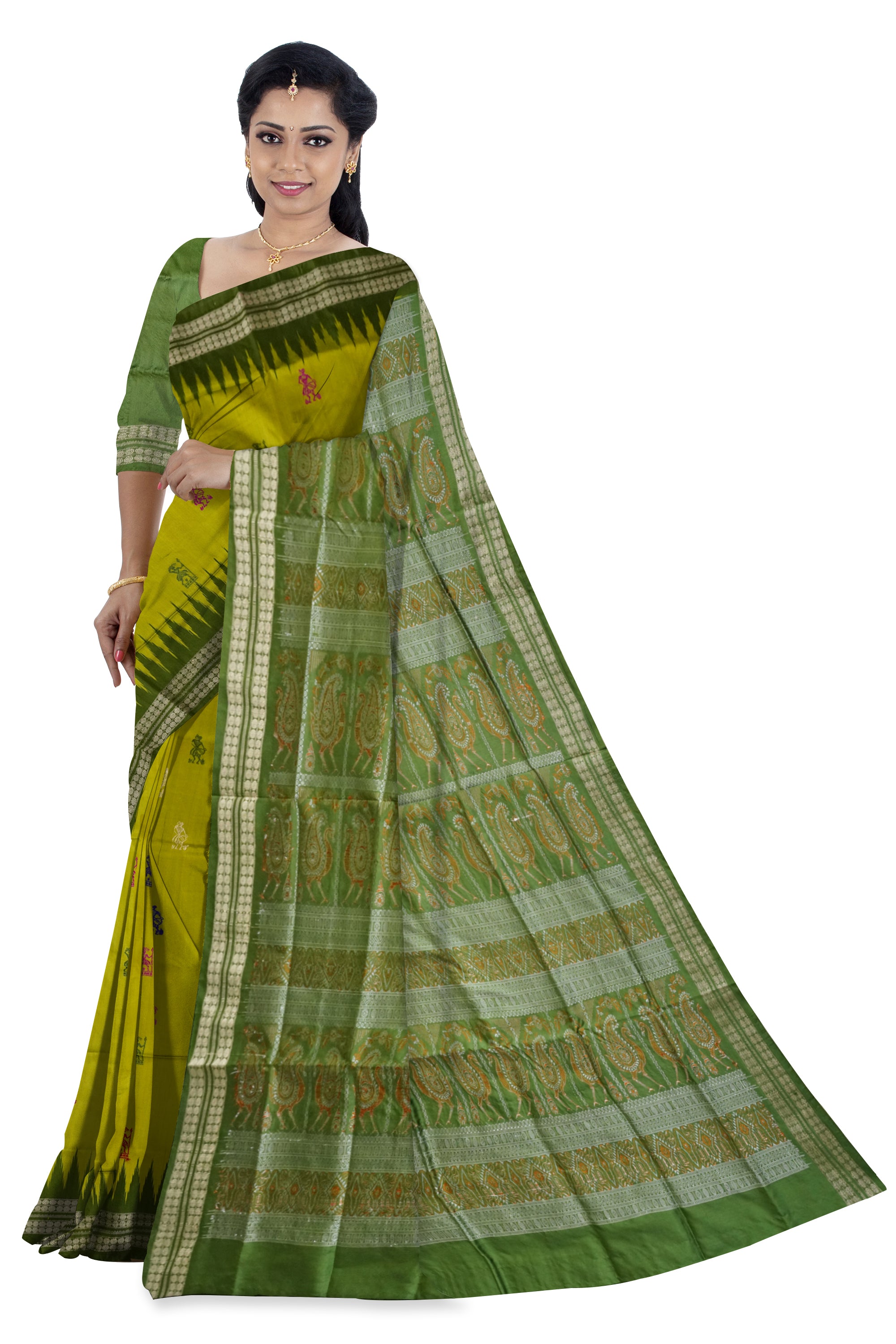 The latest Sambalpuri saree features terracotta body with bomkei pallu in yellow-green with olive green base, a stunning combination. - Koshali Arts & Crafts Enterprise