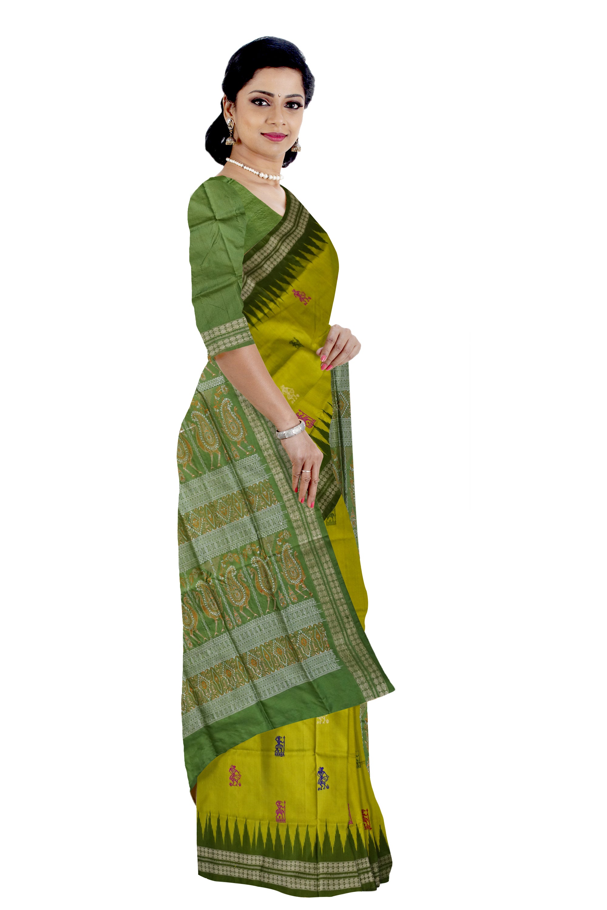 The latest Sambalpuri saree features terracotta body with bomkei pallu in yellow-green with olive green base, a stunning combination. - Koshali Arts & Crafts Enterprise