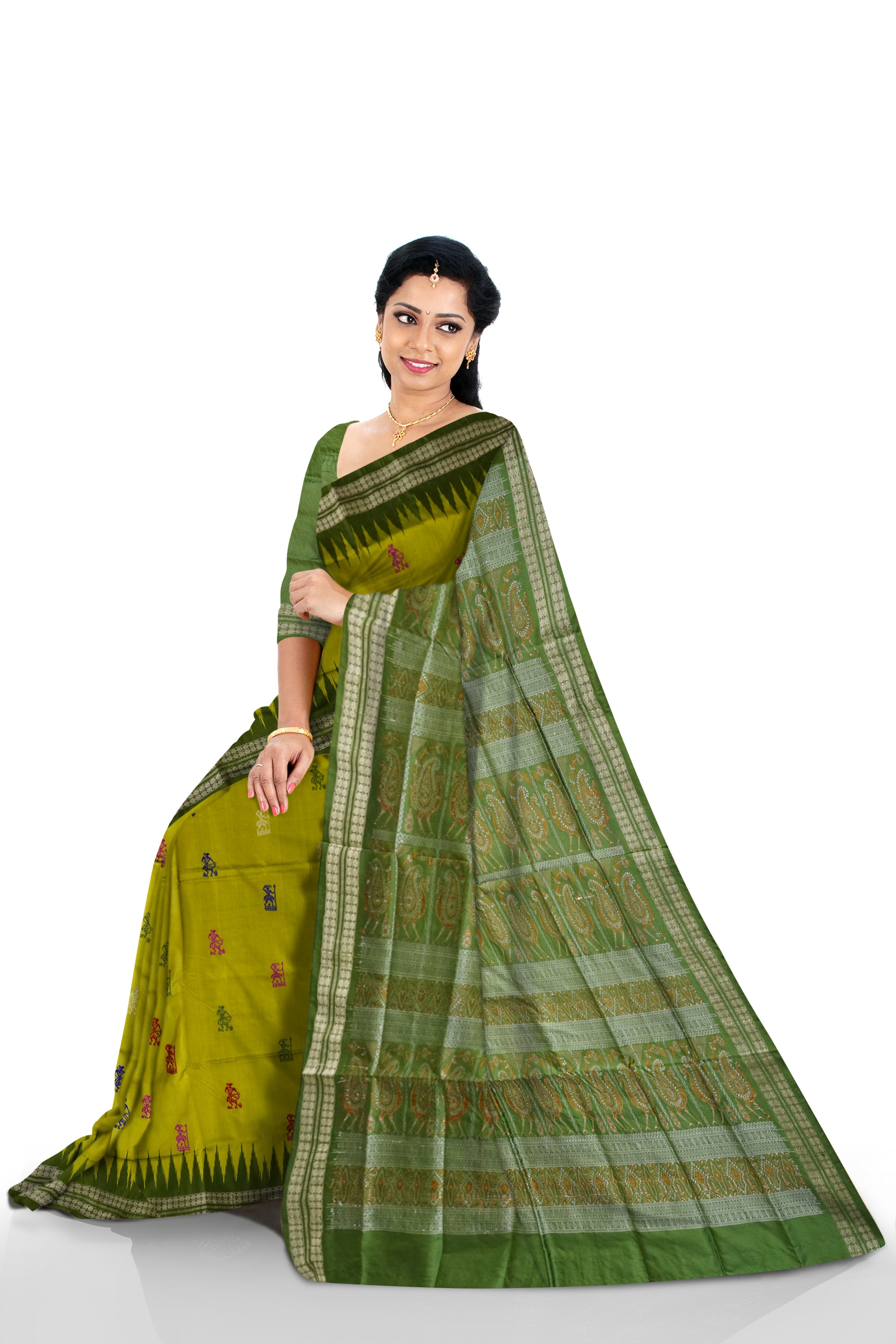 The latest Sambalpuri saree features terracotta body with bomkei pallu in yellow-green with olive green base, a stunning combination. - Koshali Arts & Crafts Enterprise